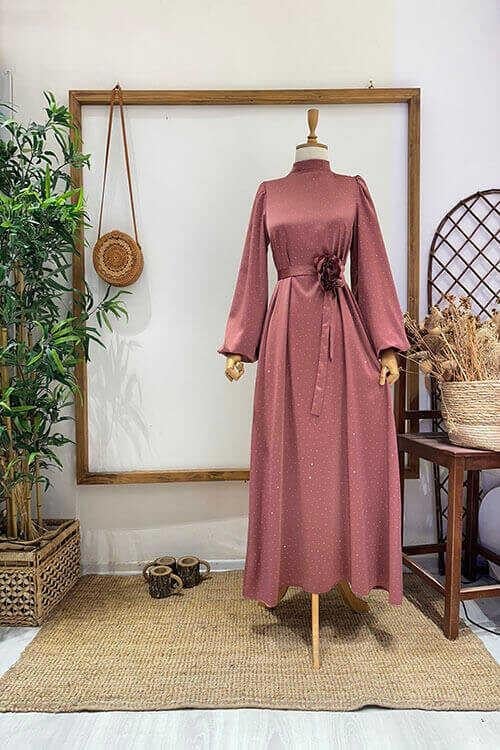 TAŞLI ÇİÇEK BROŞLU ABİYE GülKurusu