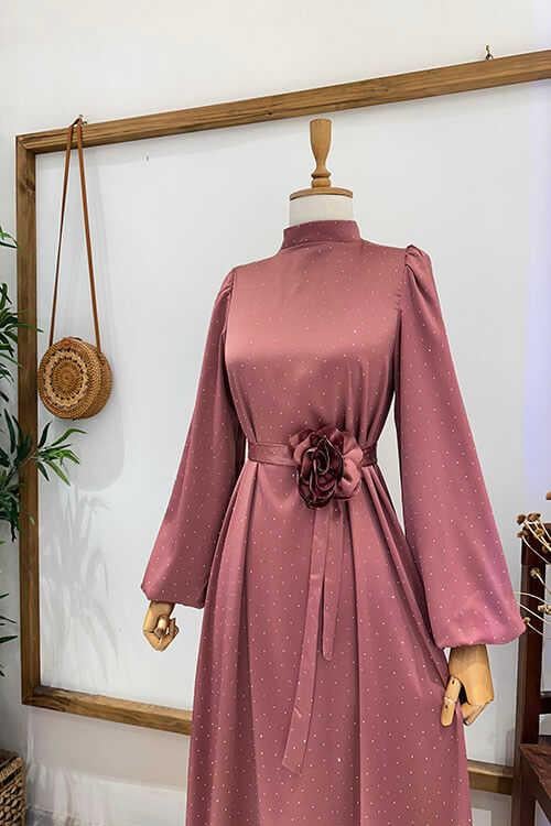 TAŞLI ÇİÇEK BROŞLU ABİYE GülKurusu