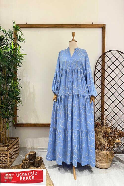 VERRA YALDIZLI KETEN ELBİSE Mavi