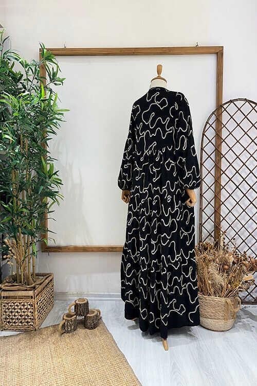 VERRA YALDIZLI KETEN ELBİSE Siyah