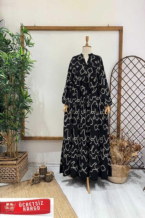 VERRA YALDIZLI KETEN ELBİSE Siyah