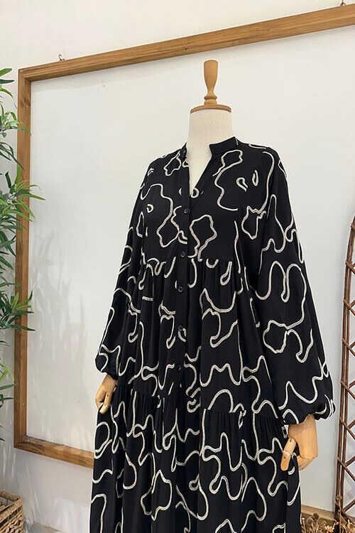 VERRA YALDIZLI KETEN ELBİSE Siyah