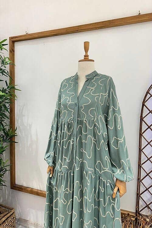 VERRA YALDIZLI KETEN ELBİSE Yeşil