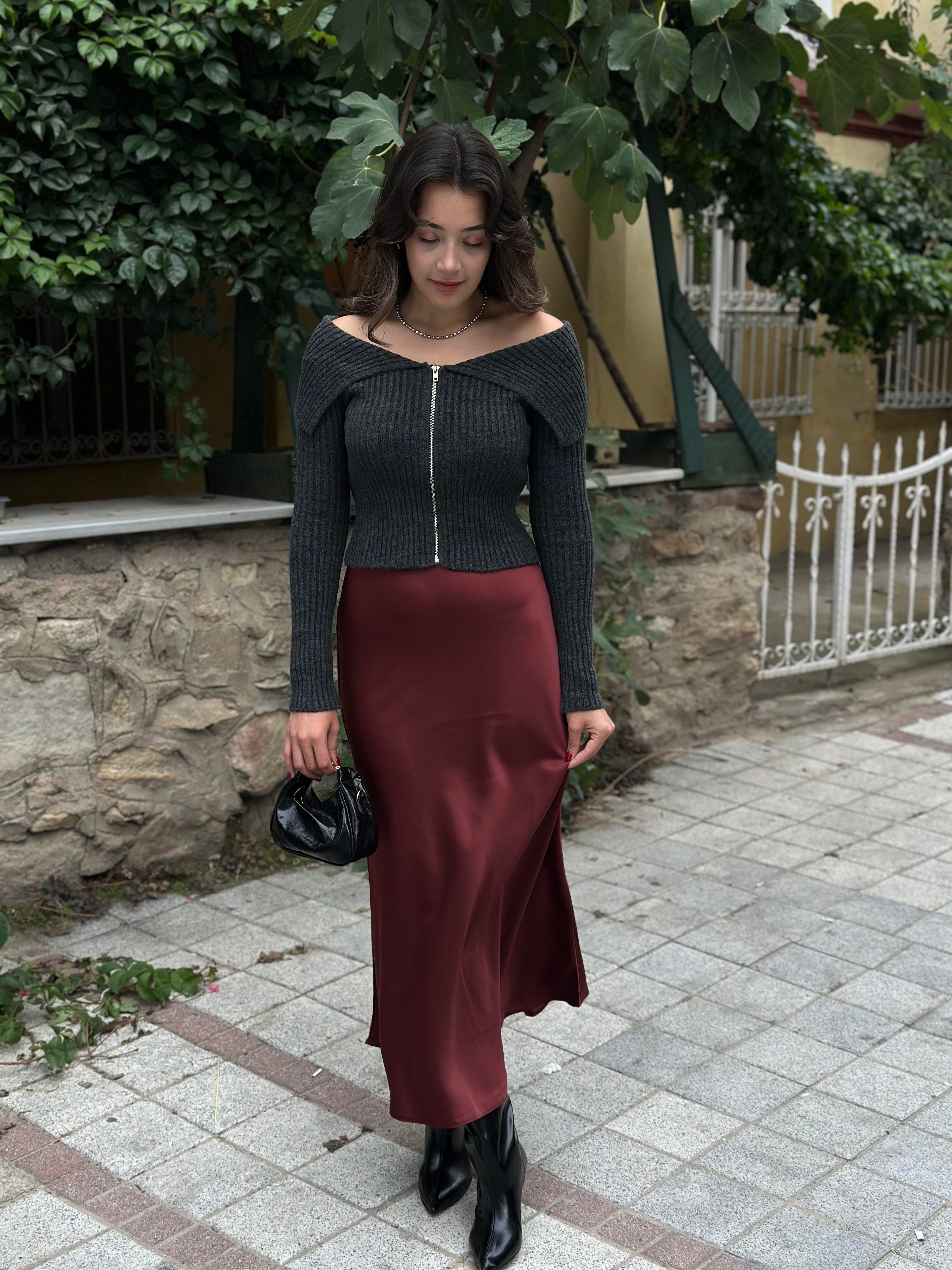 Bordo Maxi Boy Saten Etek