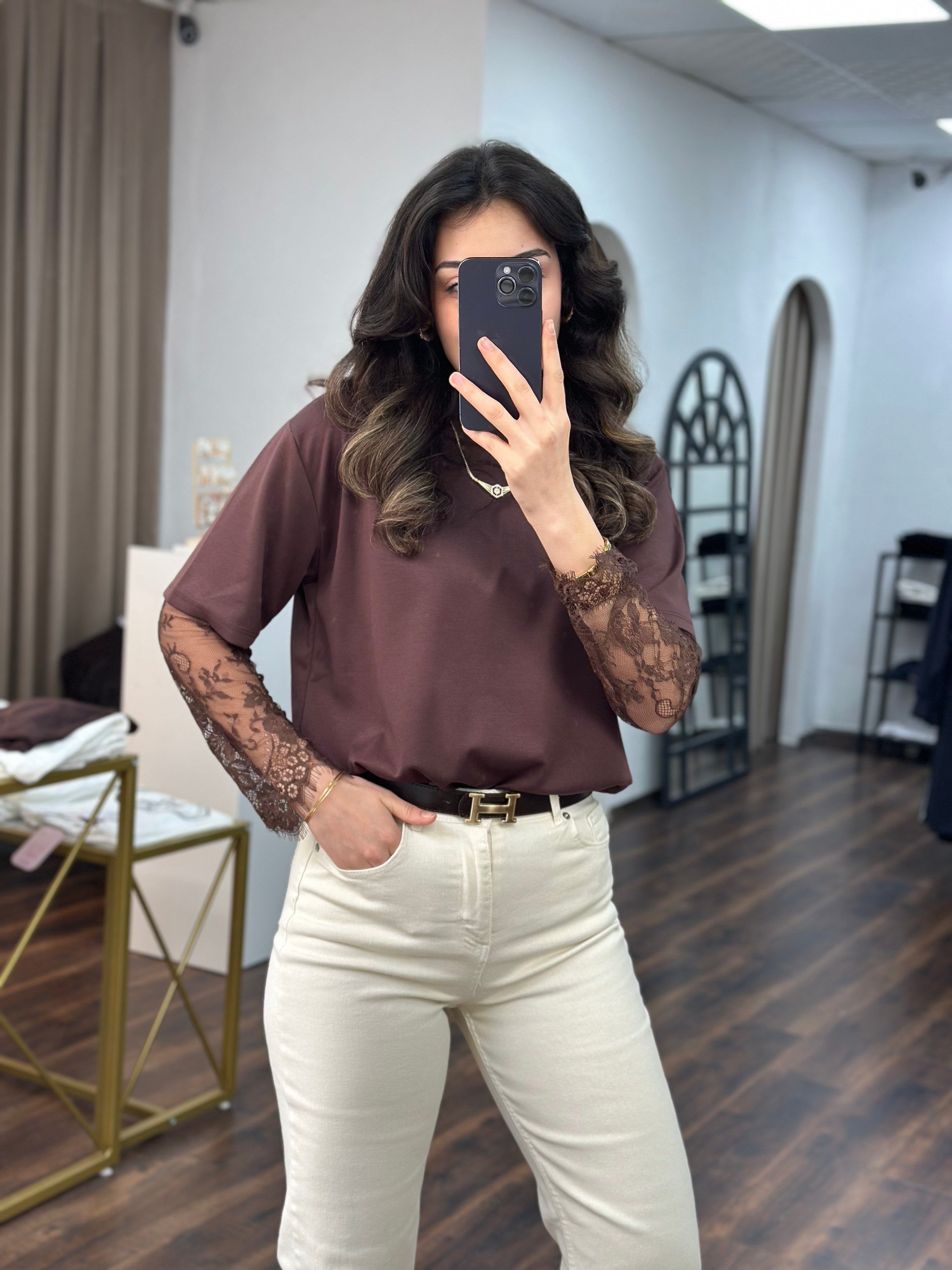 Kahverengi Dantel Kollu Modal T-shirt
