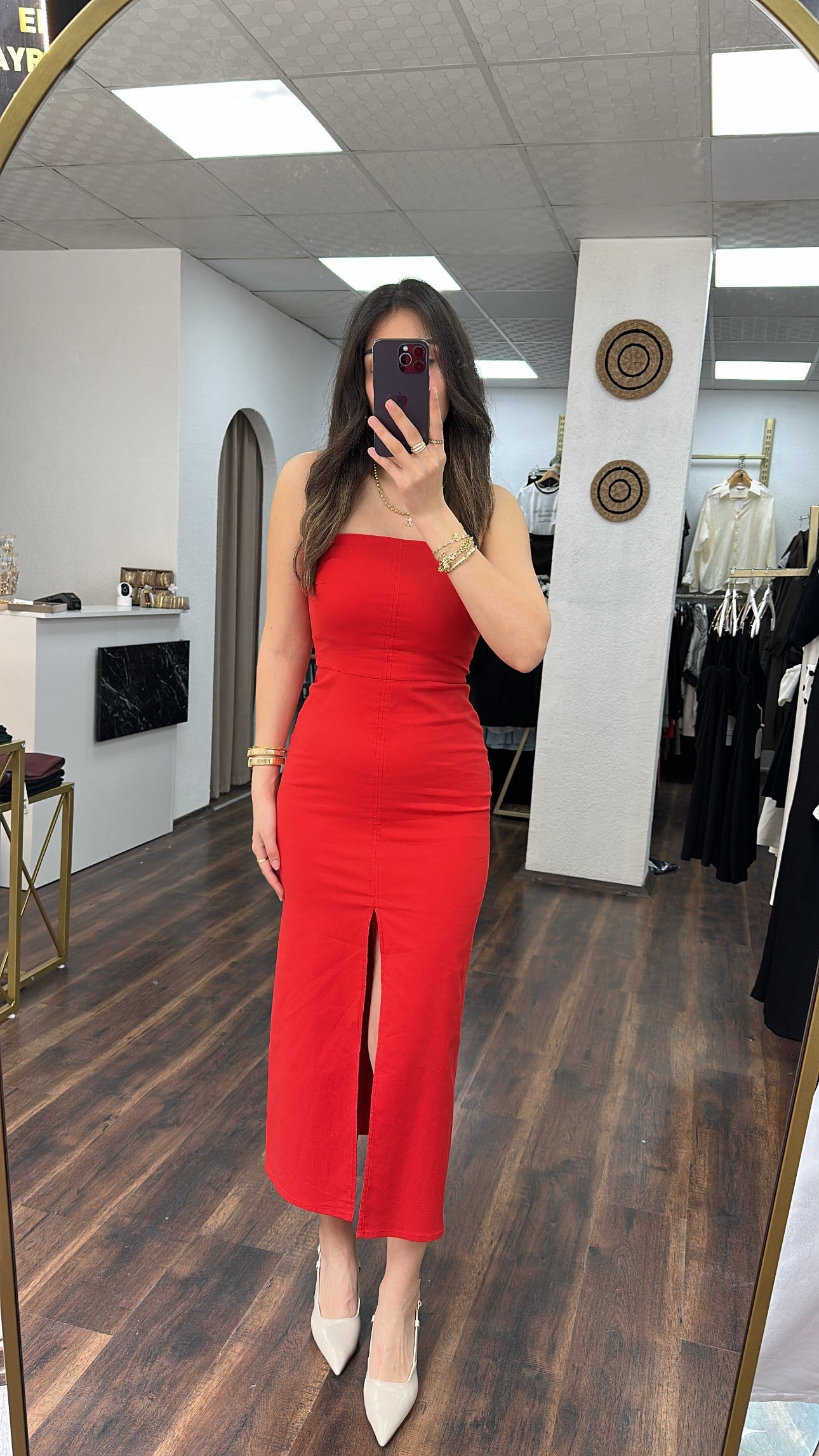 Kırmızı Dilvin Straplez Midi Elbise 