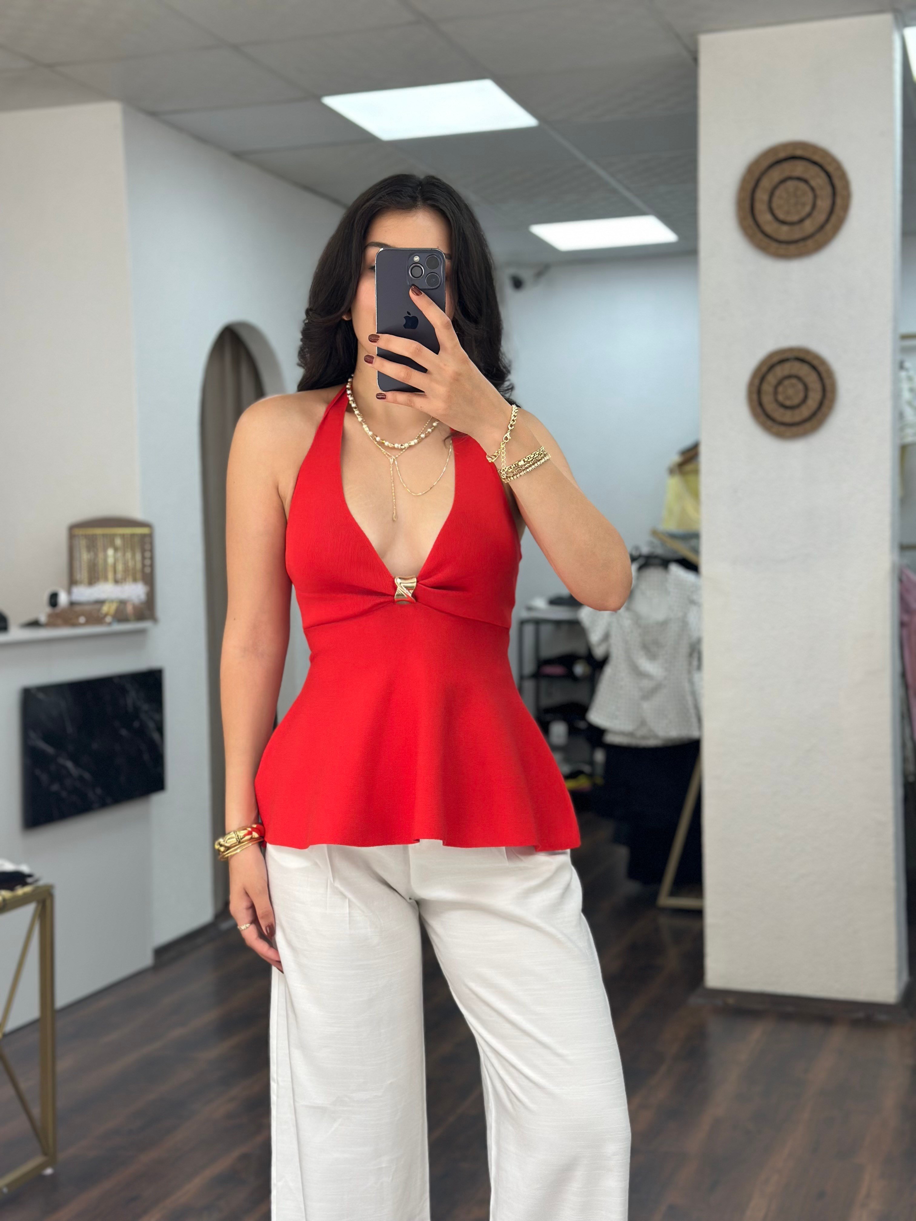 Kırmızı Halter Dekolteli Bluz