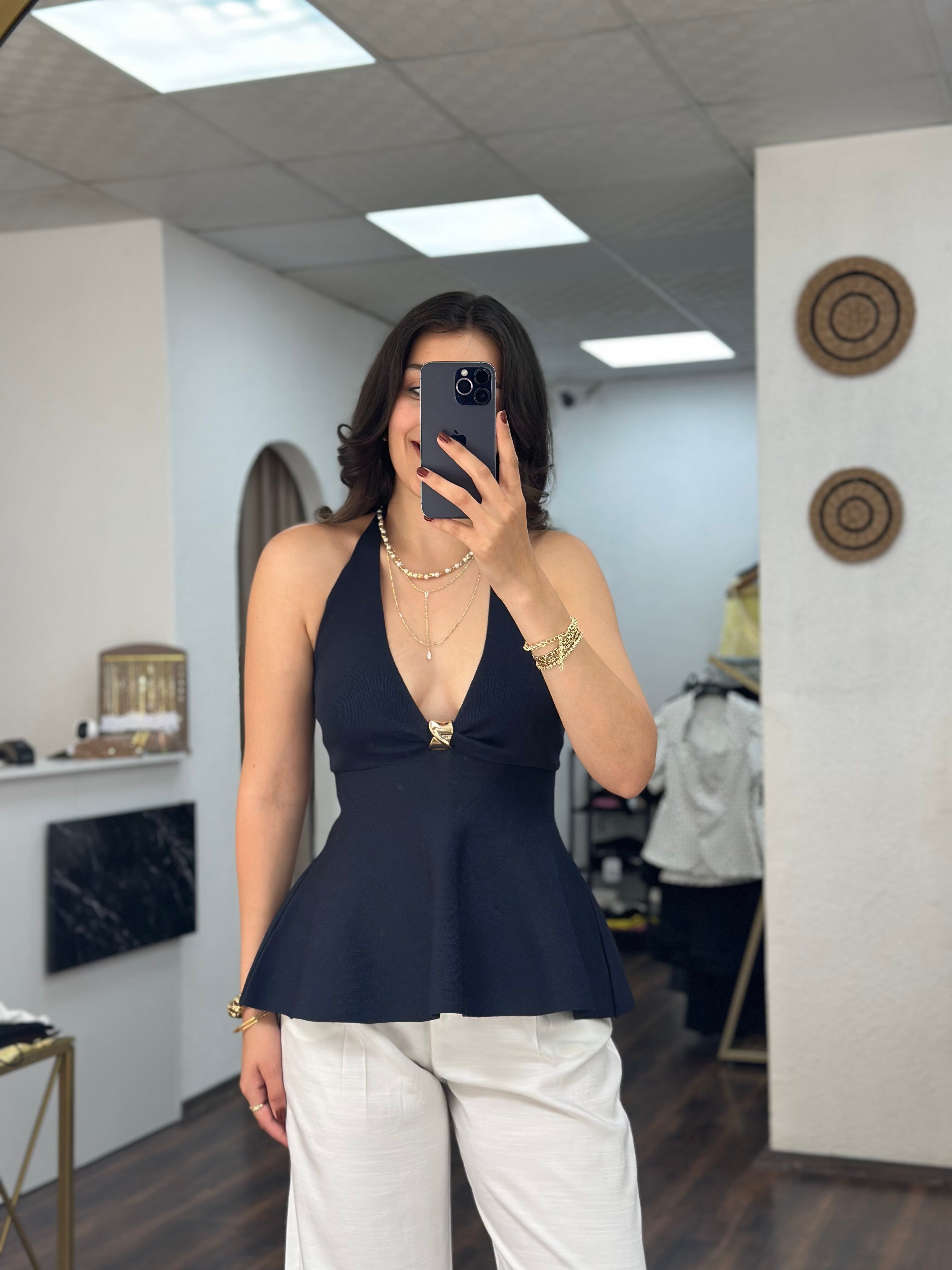 Lacivert Halter Yaka Dekolteli Bluz 