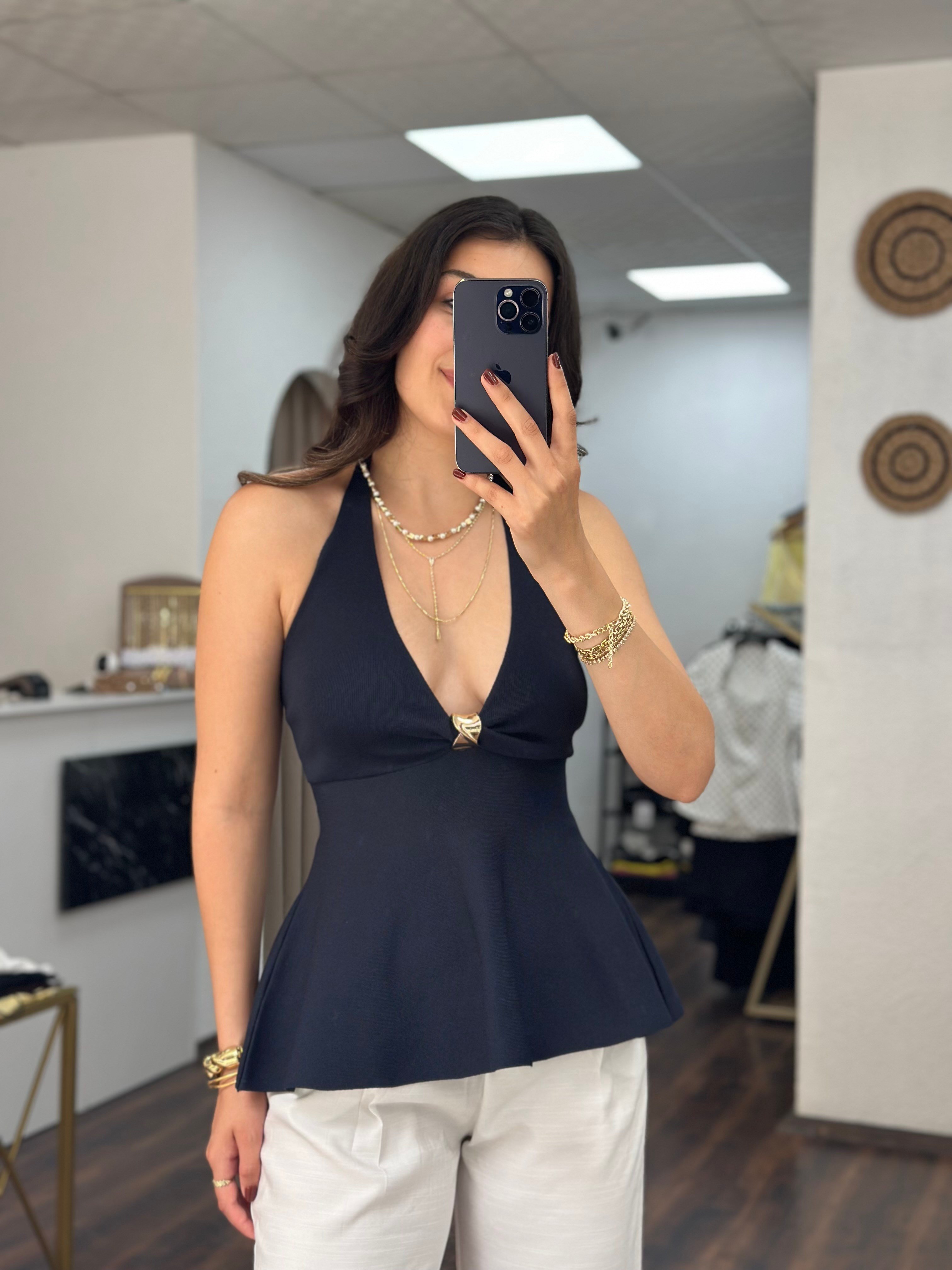 Lacivert Halter Yaka Dekolteli Bluz 