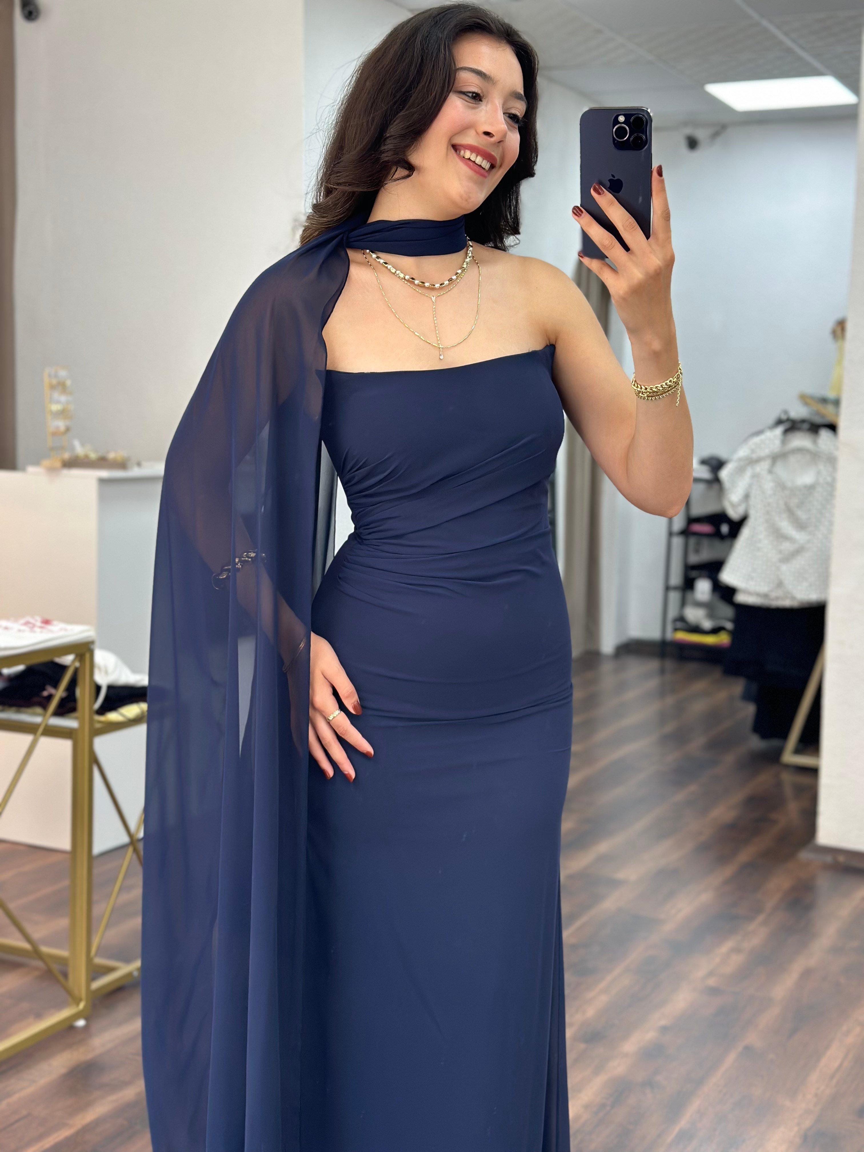 Lacivert Şal Detaylı Straplez Abiye Elbise 