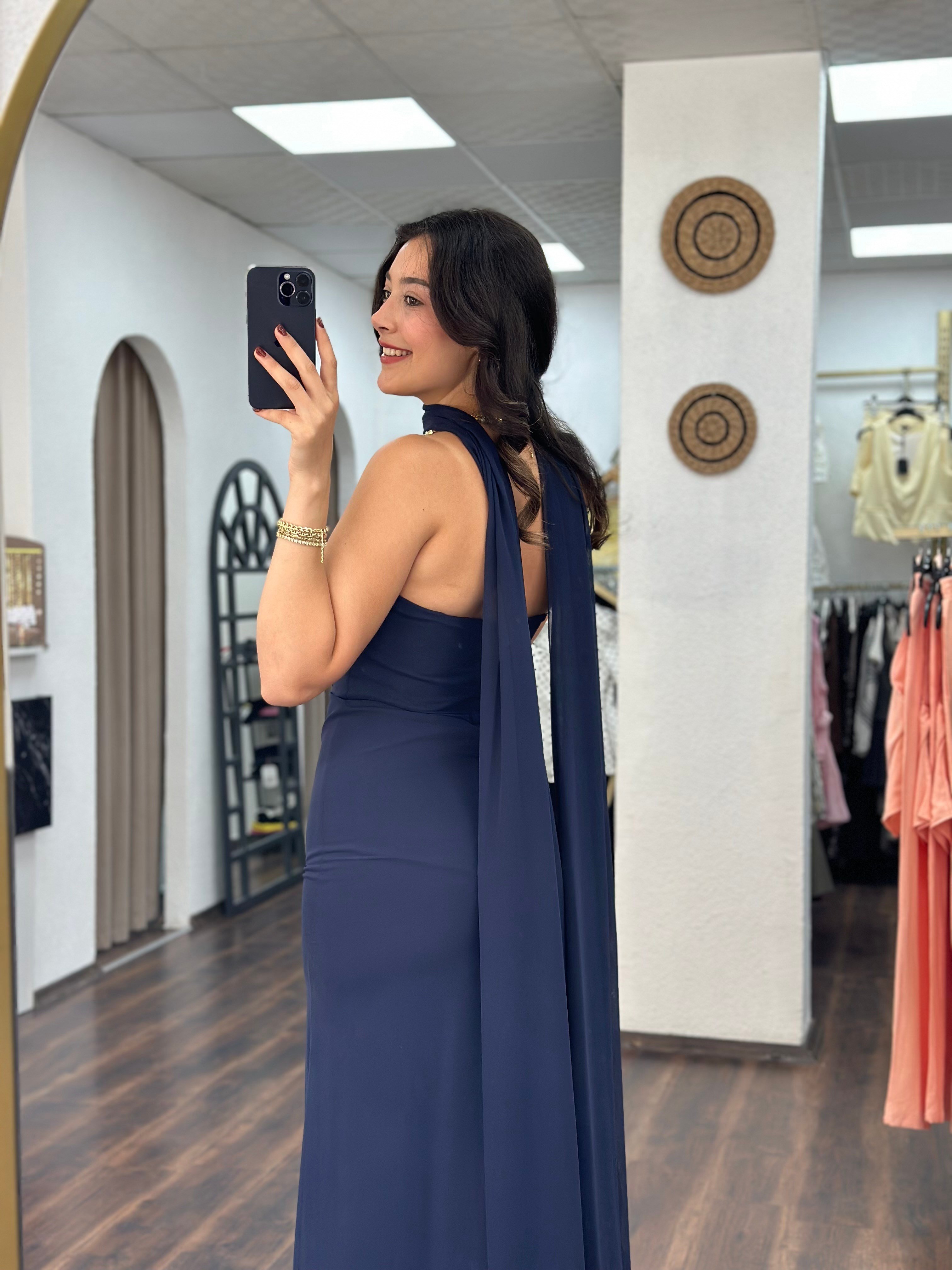 Lacivert Şal Detaylı Straplez Abiye Elbise 