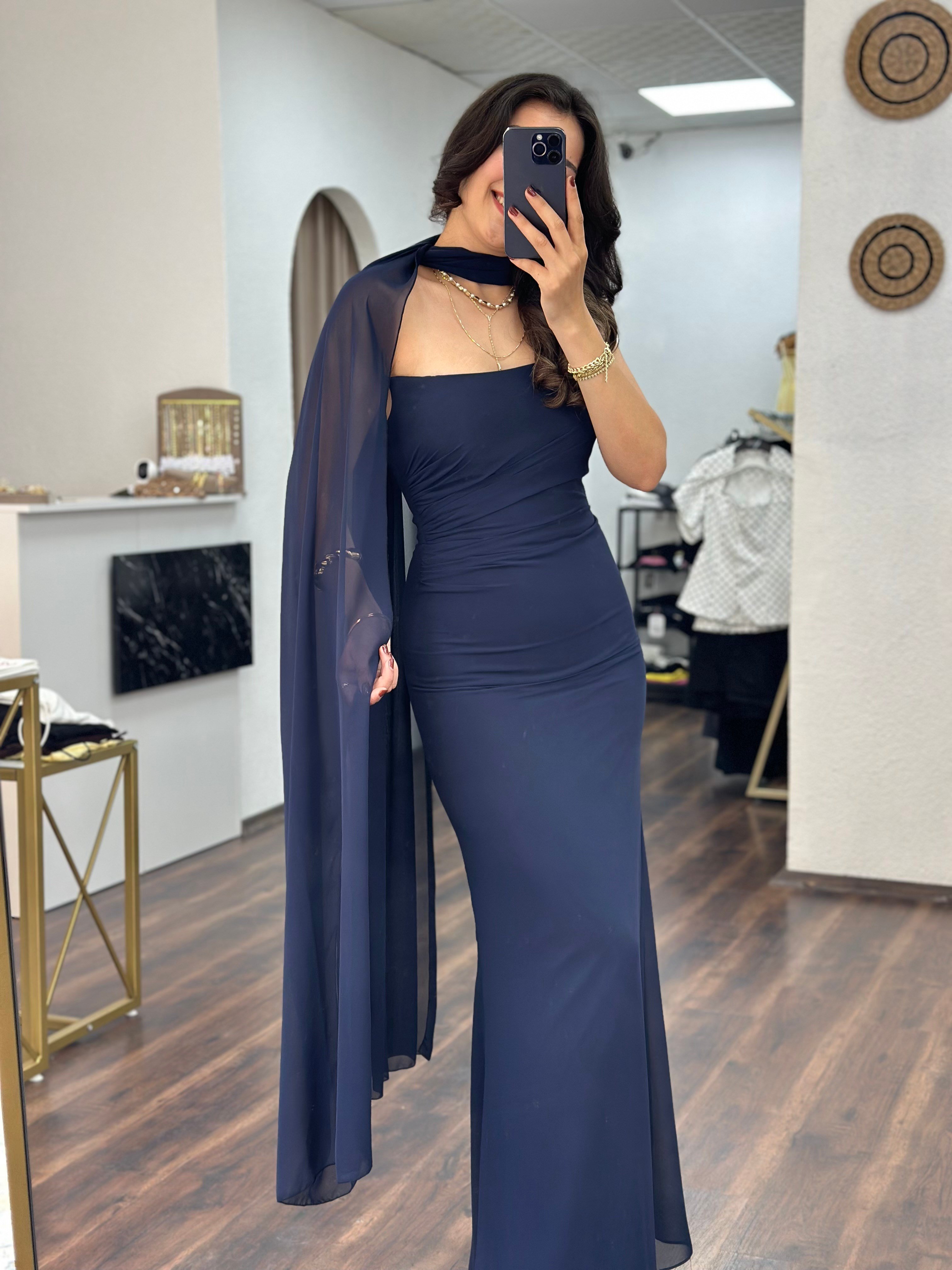 Lacivert Şal Detaylı Straplez Abiye Elbise 