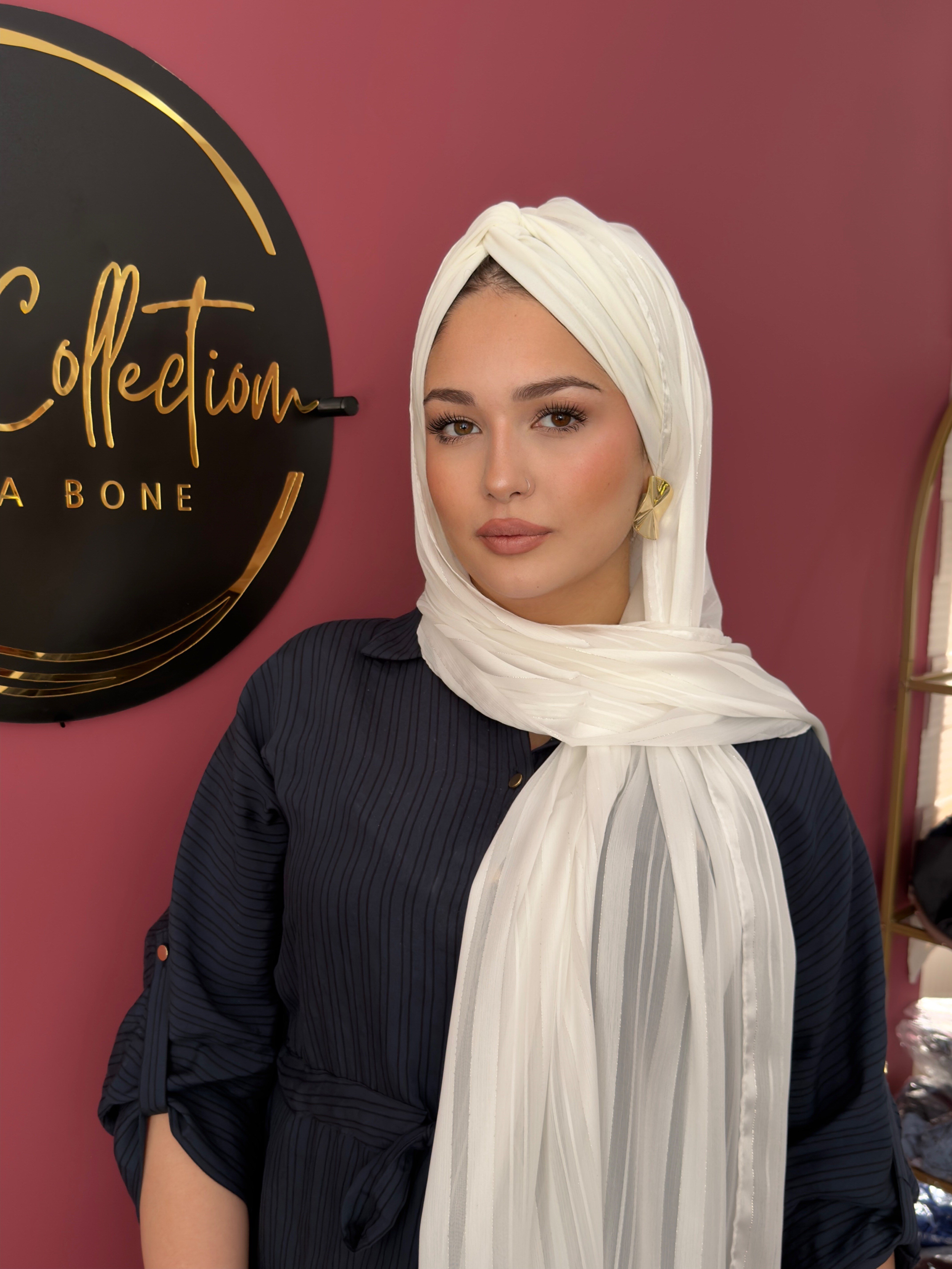 EKRU SİMLİ ÇİZGİLİ ŞİFON  ŞALLI DÜĞÜM DOLGULU BONEŞAL