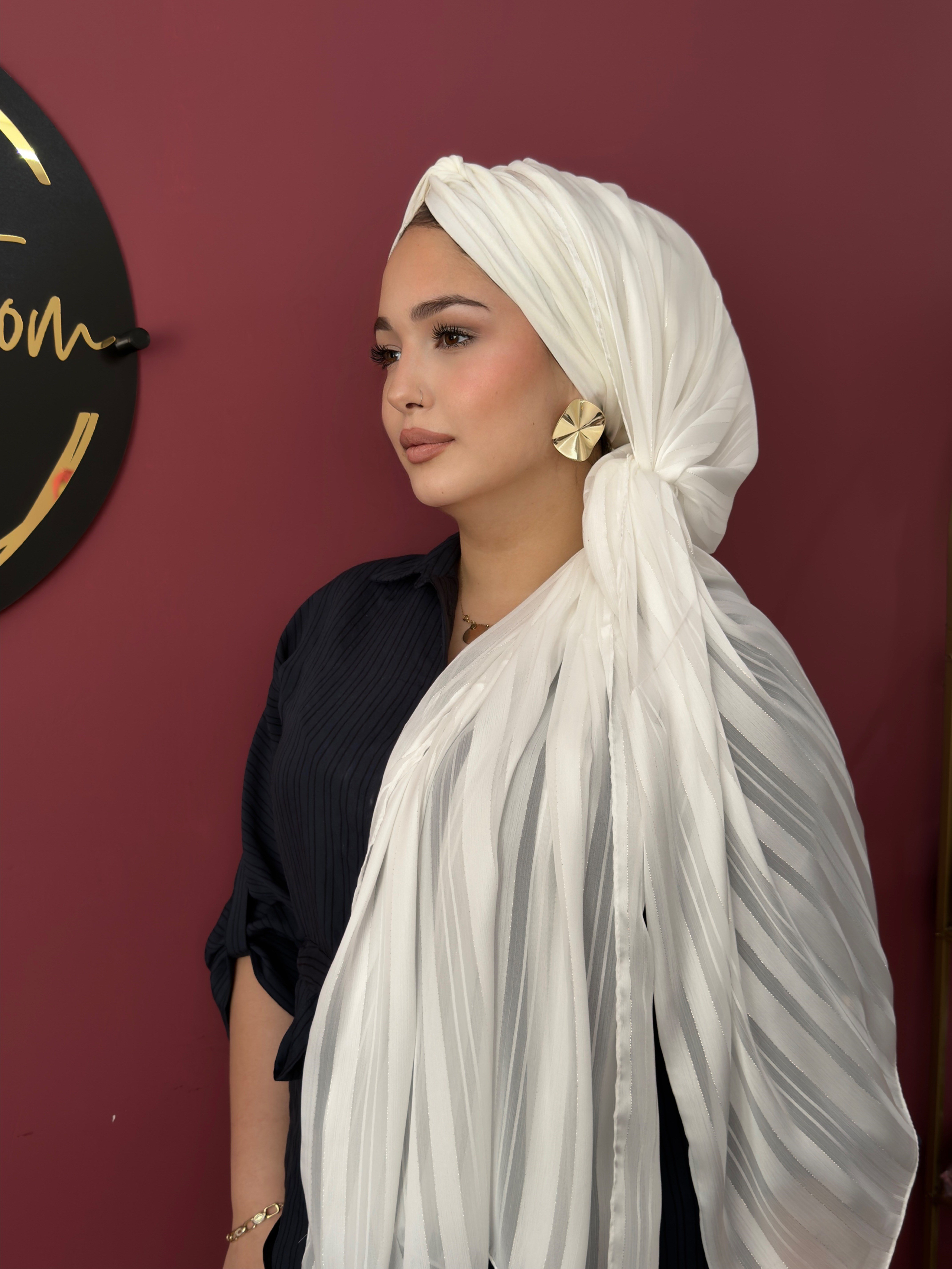 EKRU SİMLİ ÇİZGİLİ ŞİFON  ŞALLI DÜĞÜM DOLGULU BONEŞAL