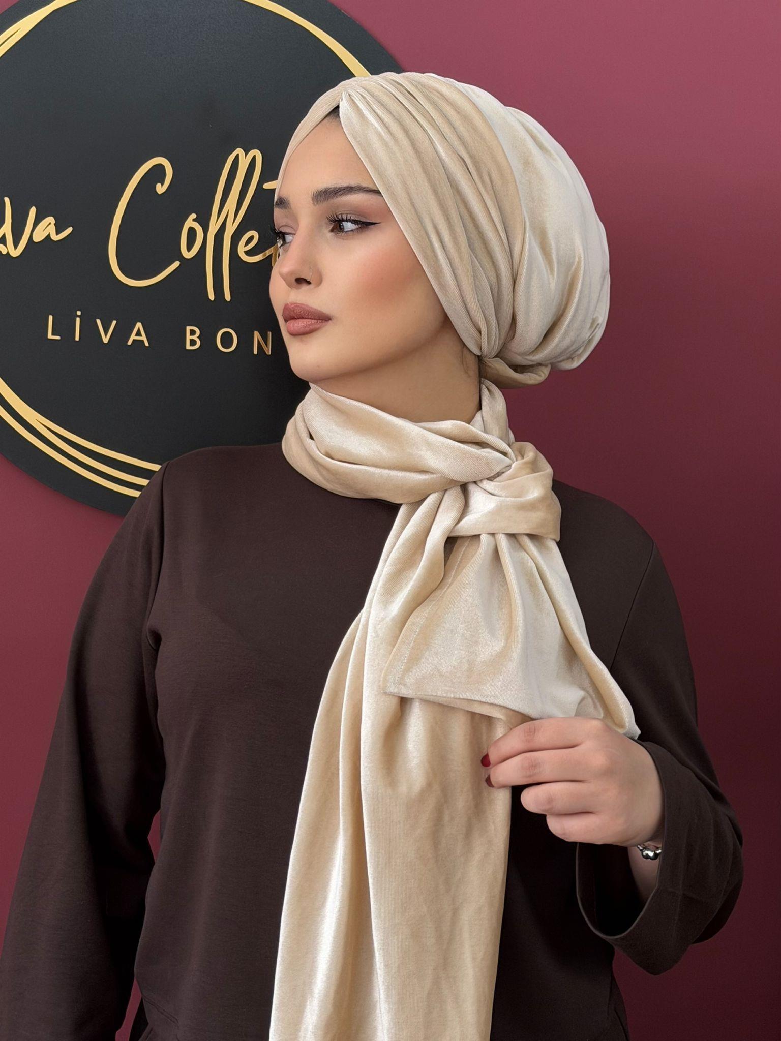 KADİFE KREM DRAPE DOLGULU BONE ŞALLI TAKIM