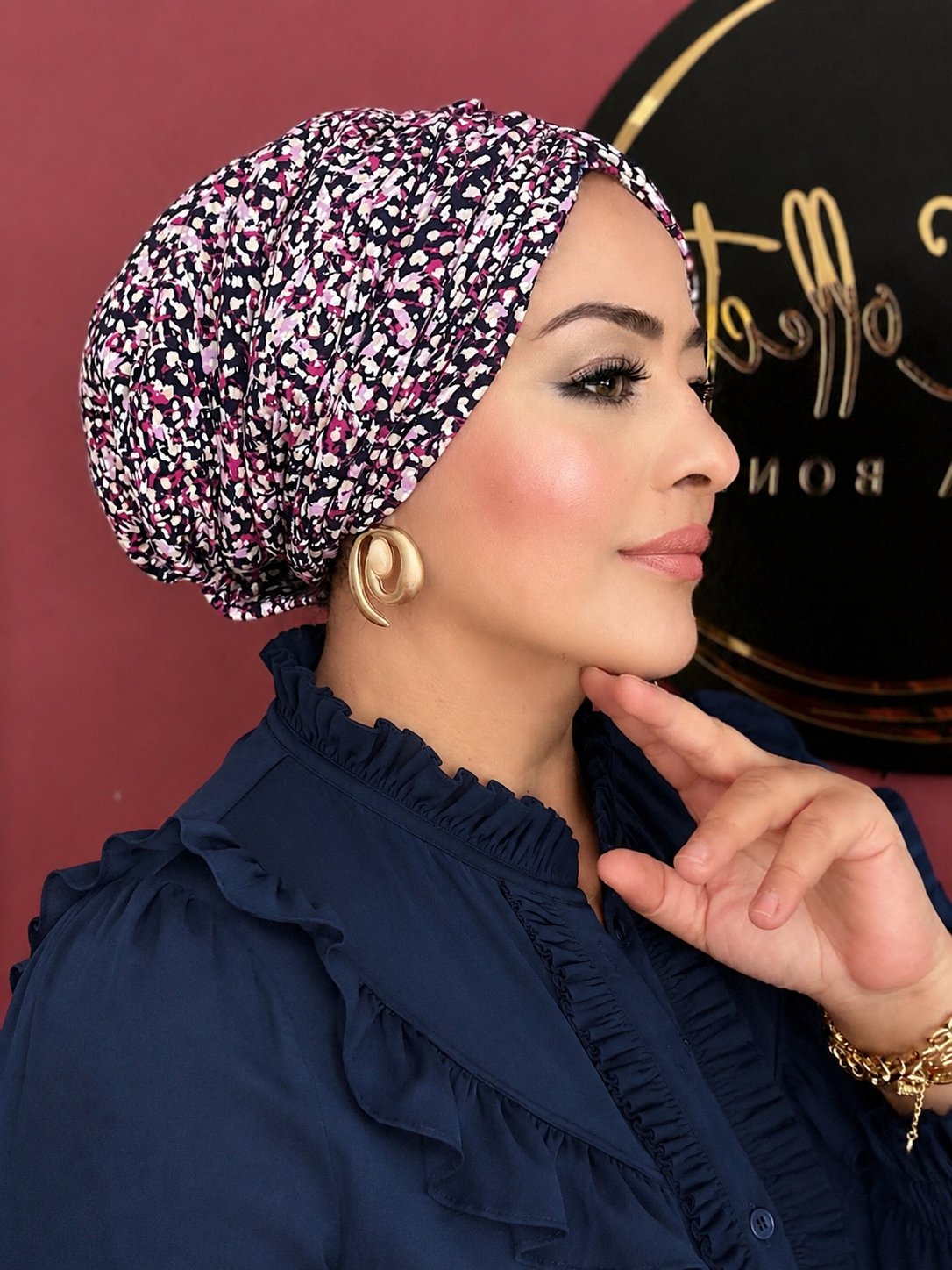 LACİVERT DESENLİ DRAPE DOLGULU BONE