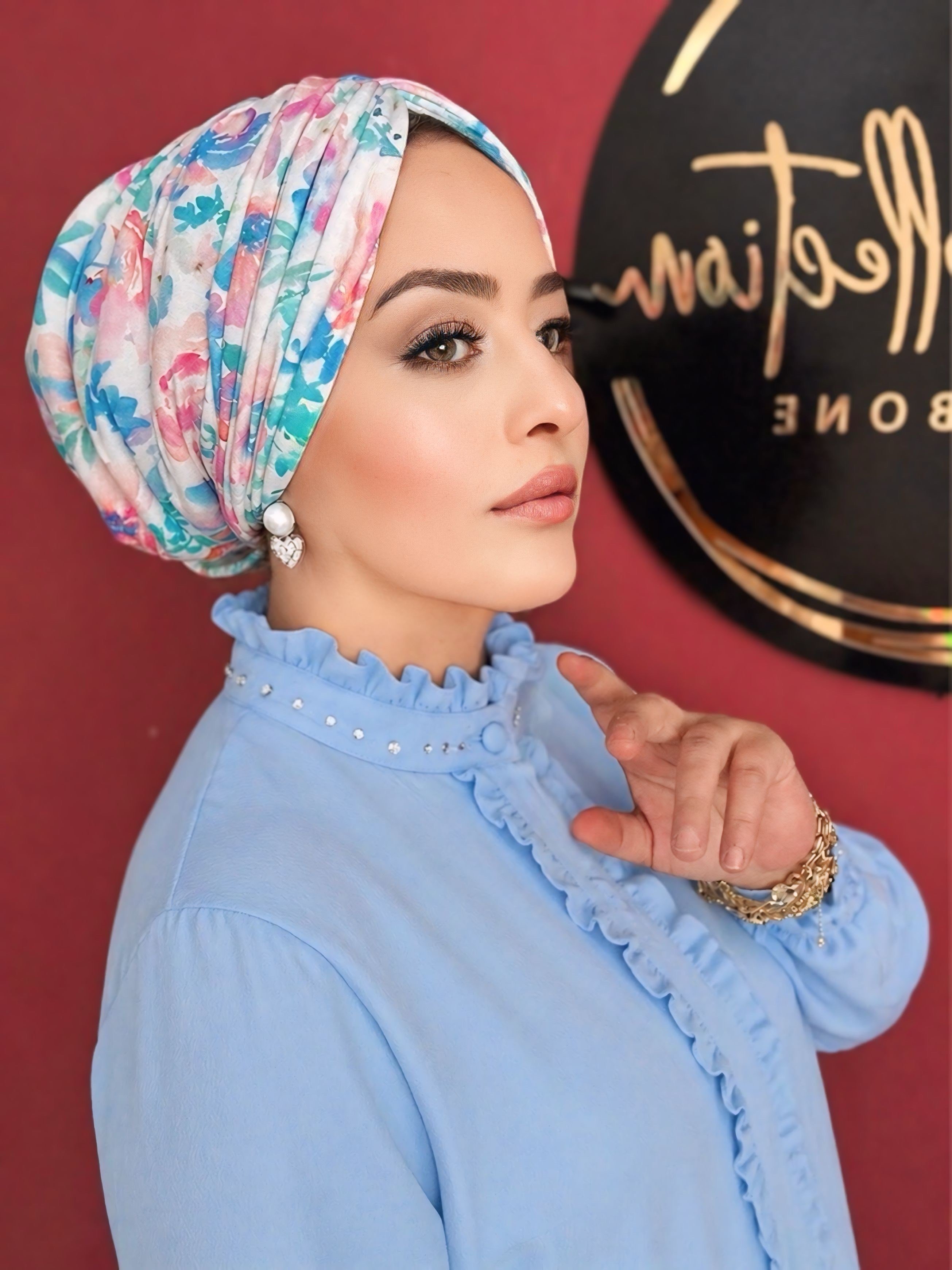 MAVİ PEMBE ÇİÇEK DESENLİ DRAPE DOLGULU BONE