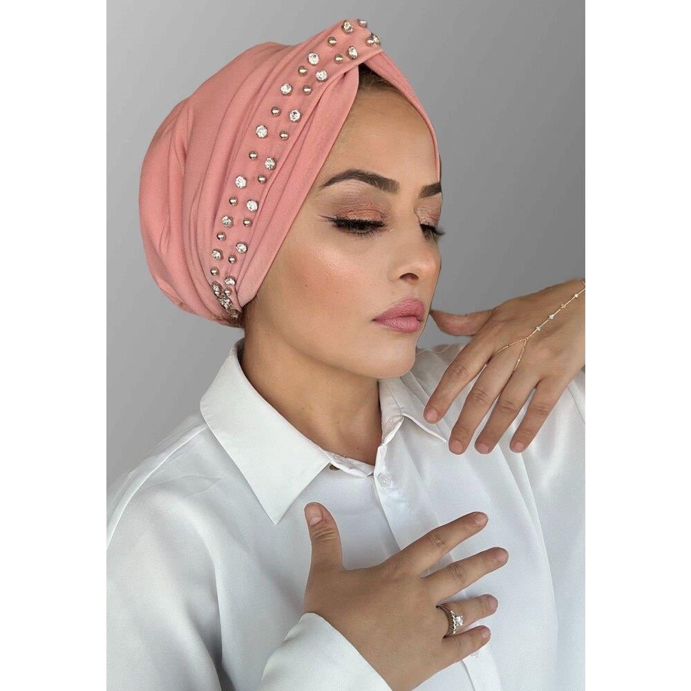 Pudra pembe taşlı düğüm dolgulu bone