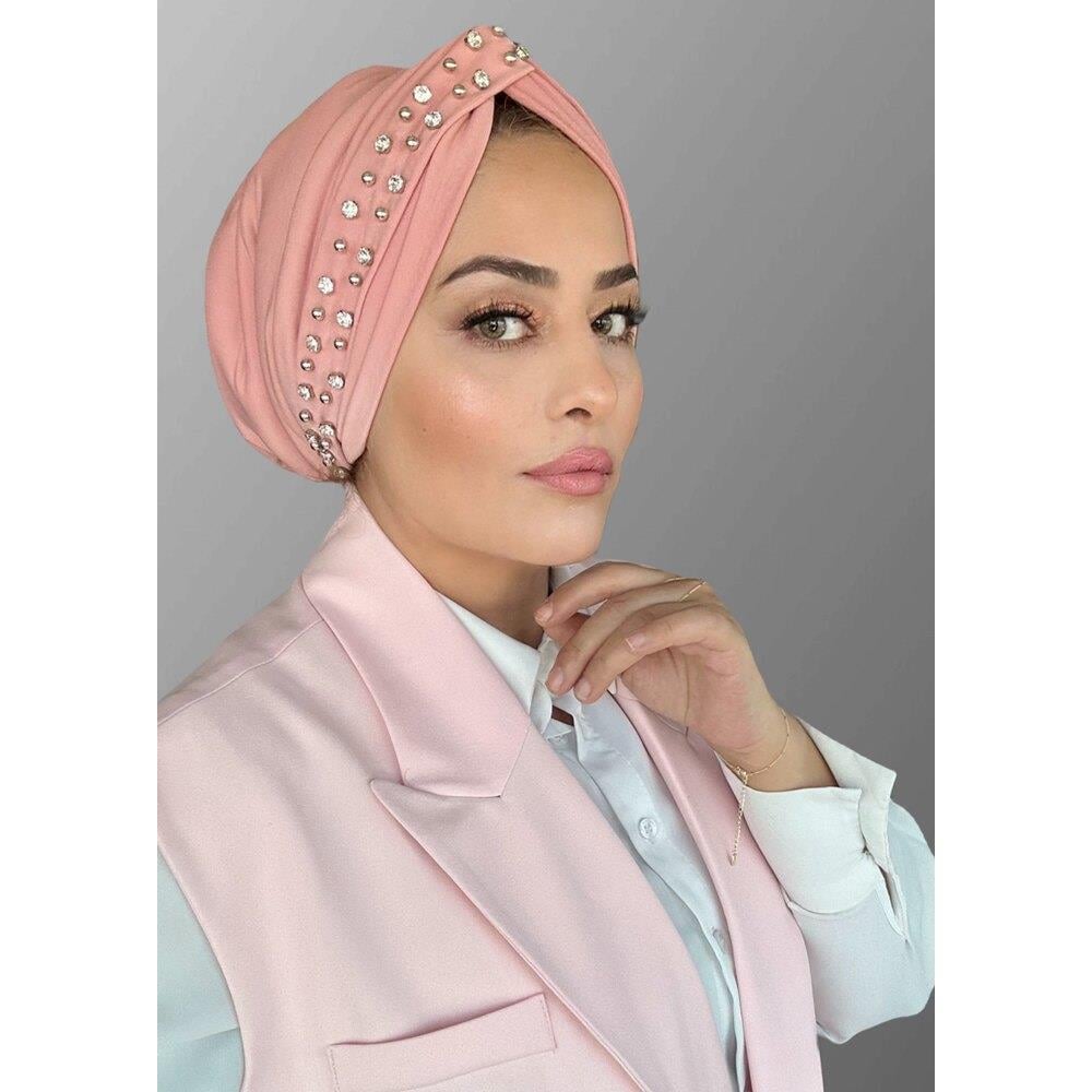 Pudra pembe taşlı düğüm dolgulu bone