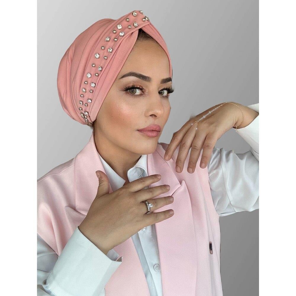 Pudra pembe taşlı düğüm dolgulu bone
