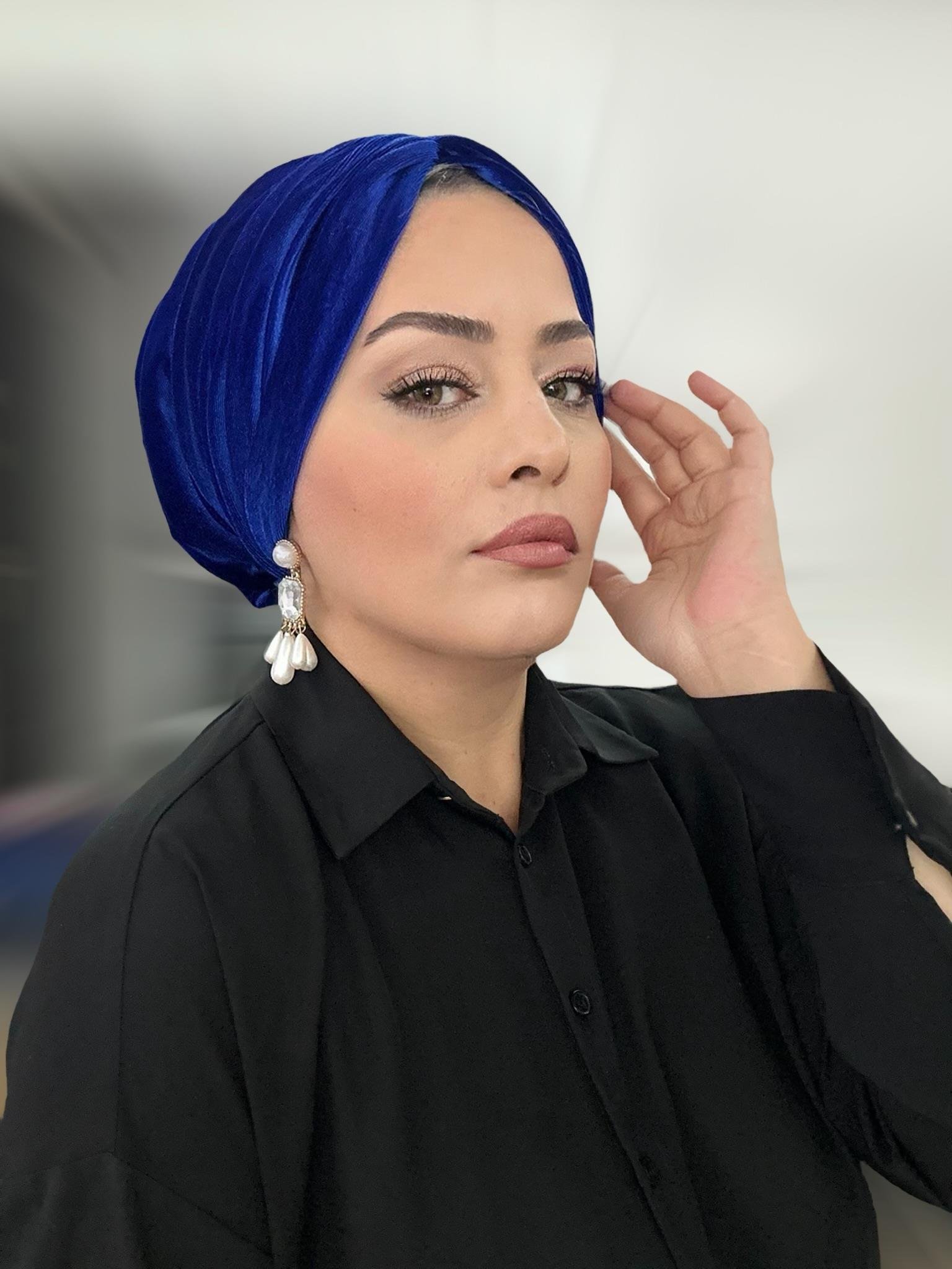 SAKS MAVİ  KADİFE DRAPE DOLGULU BONE