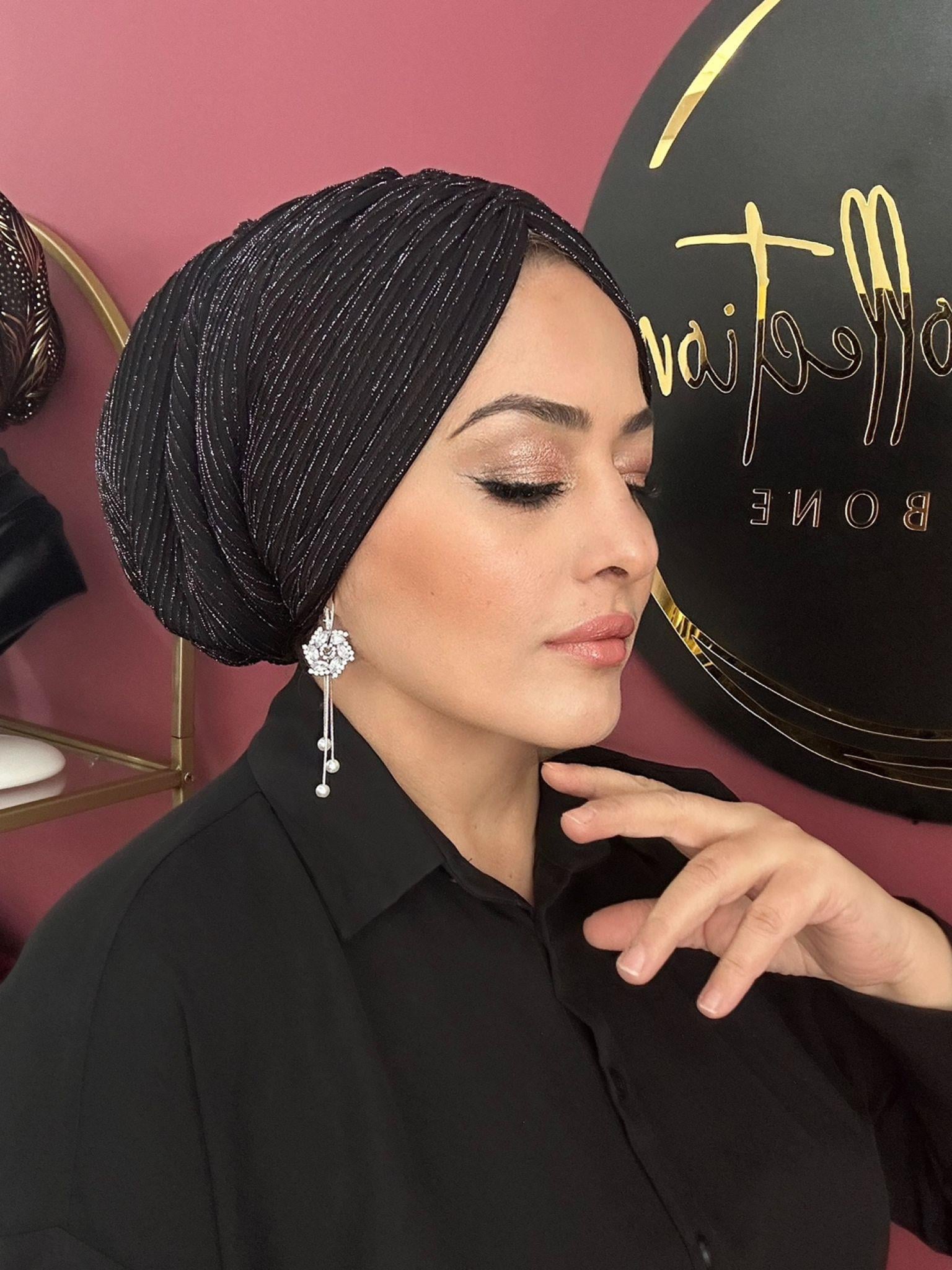 SİYAH GÜMÜŞ SİMLİ DRAPE DOLGULU BONE