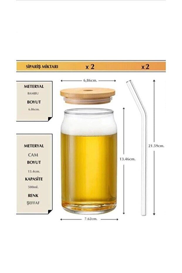 500ml Bambu Kapaklı Cam Pipetli Şeffaf Isıya Dayanıklı Cam Bardak