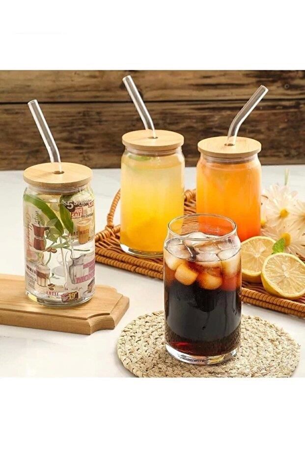 500ml Bambu Kapaklı Cam Pipetli Şeffaf Isıya Dayanıklı Cam Bardak