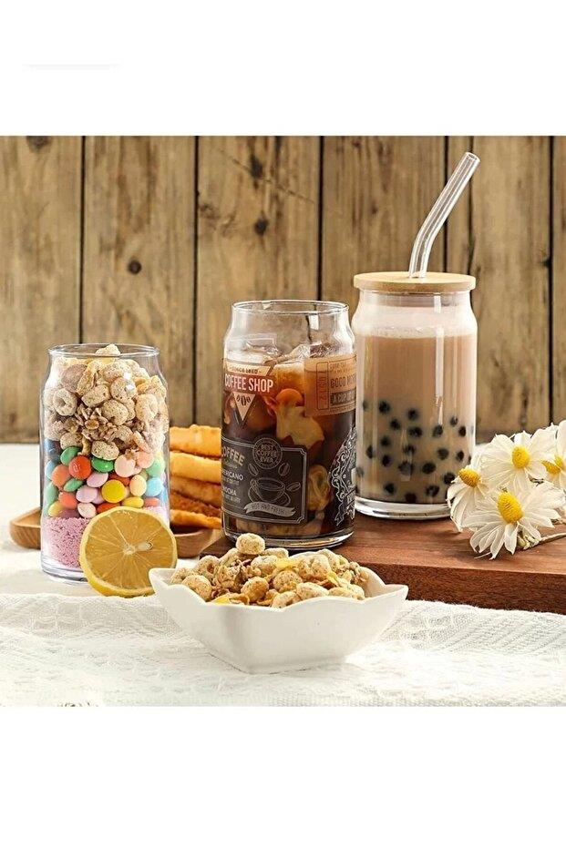 500ml Bambu Kapaklı Cam Pipetli Şeffaf Isıya Dayanıklı Cam Bardak