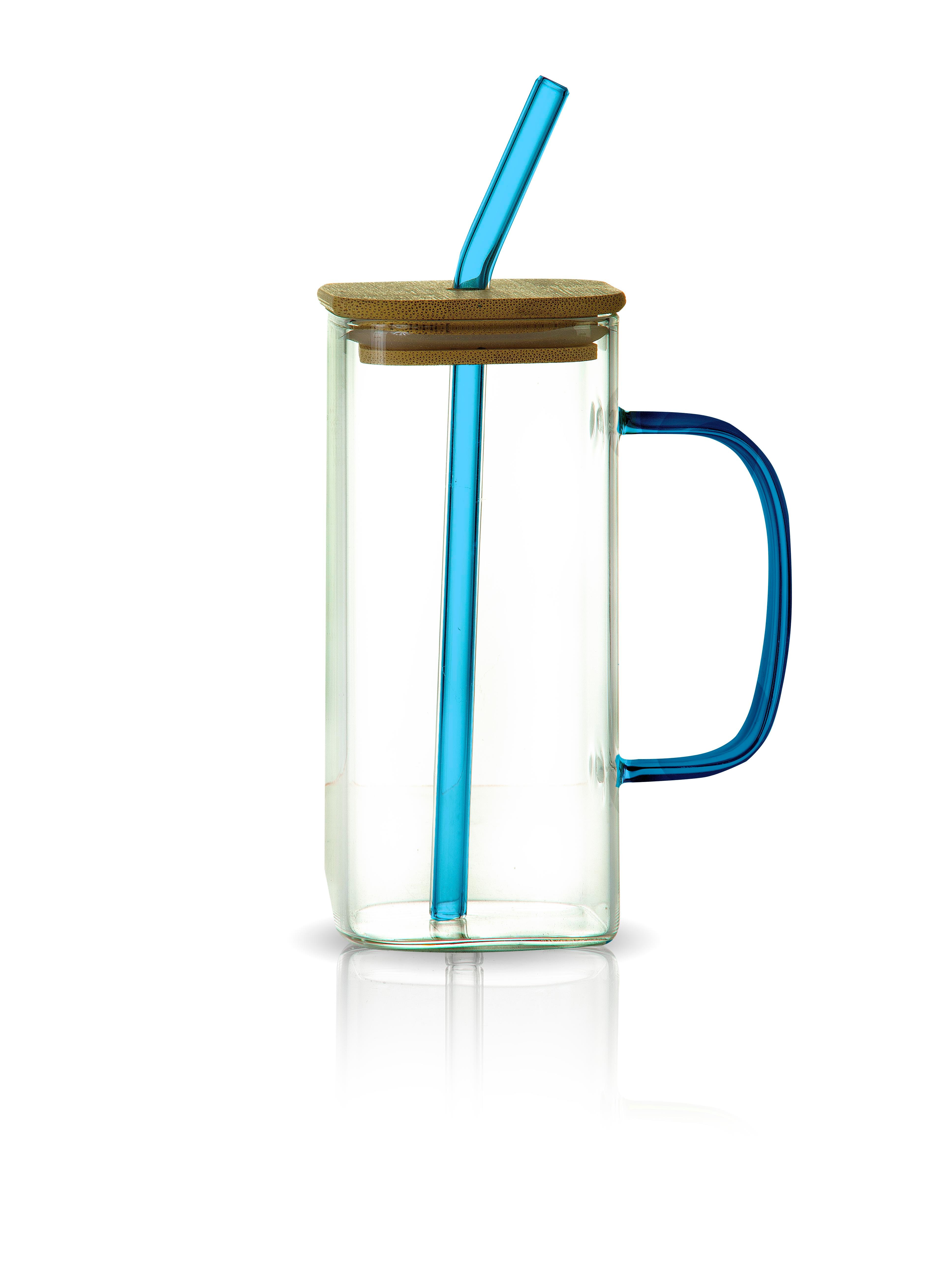 Bambu Kapaklı Isıya Dayanaklı Cam Kupa 400ml - Mavi
