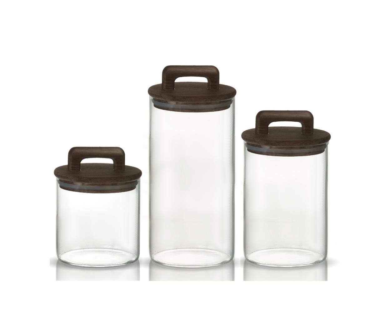 Saplı Akasya Kapaklı Yüksek Borosilikat Cam Saklama Kavanozu 3'lü Seti - 500ml - 1000ml - 1500ml -