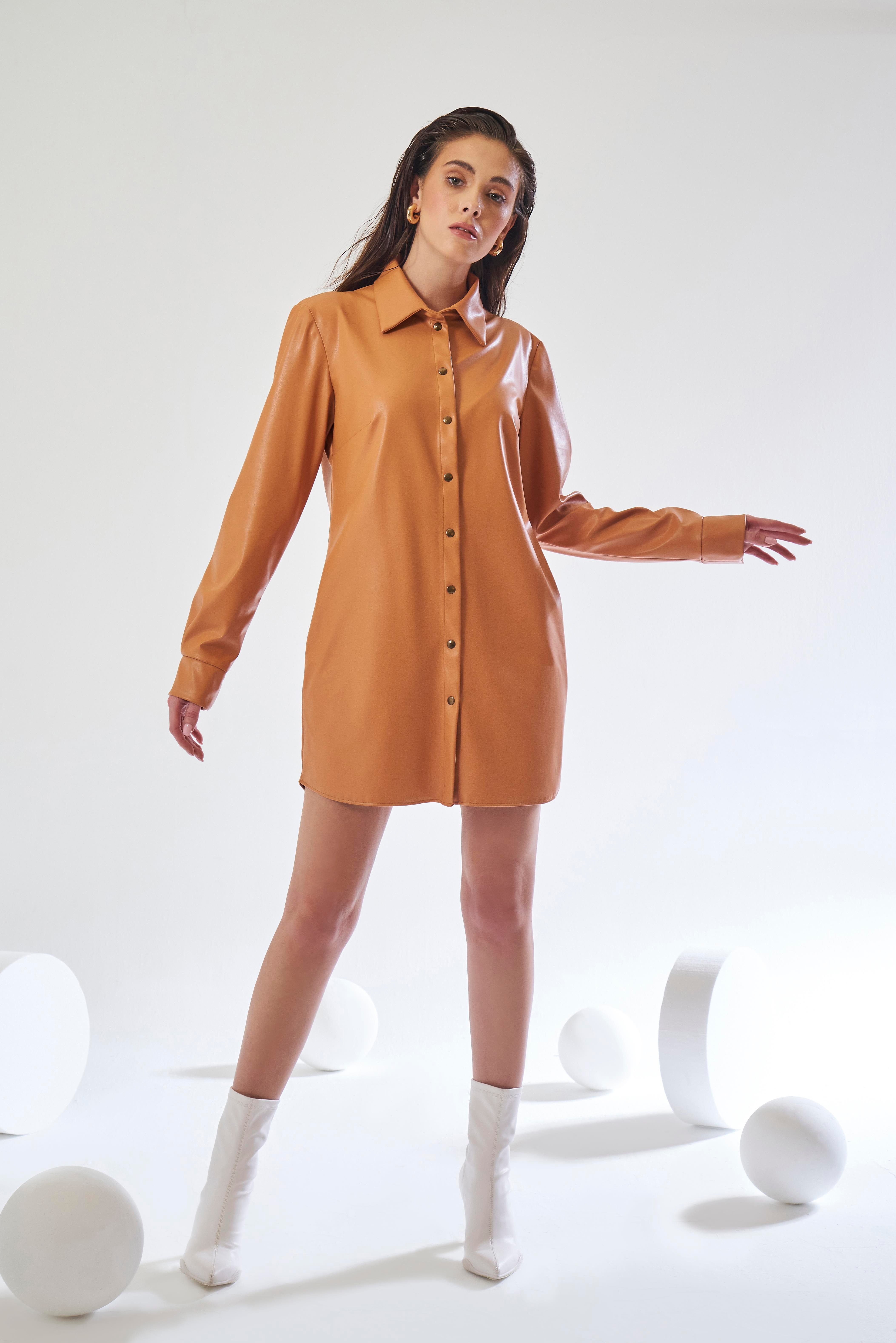 Ares Shirt Dress - Deri Gömlek Elbise