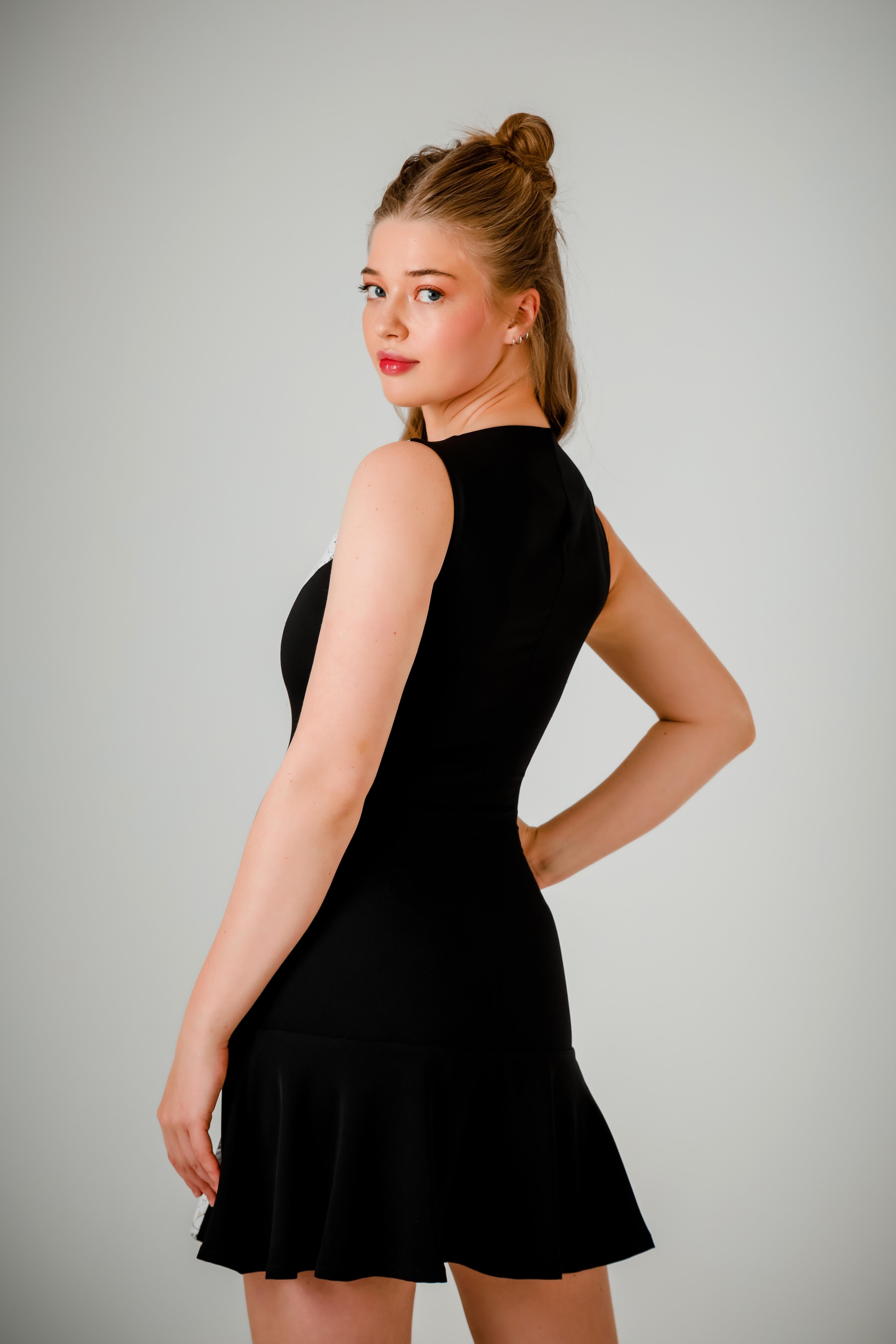 Sargas Mini Dress - Siyah Beyaz Desenli Elbise