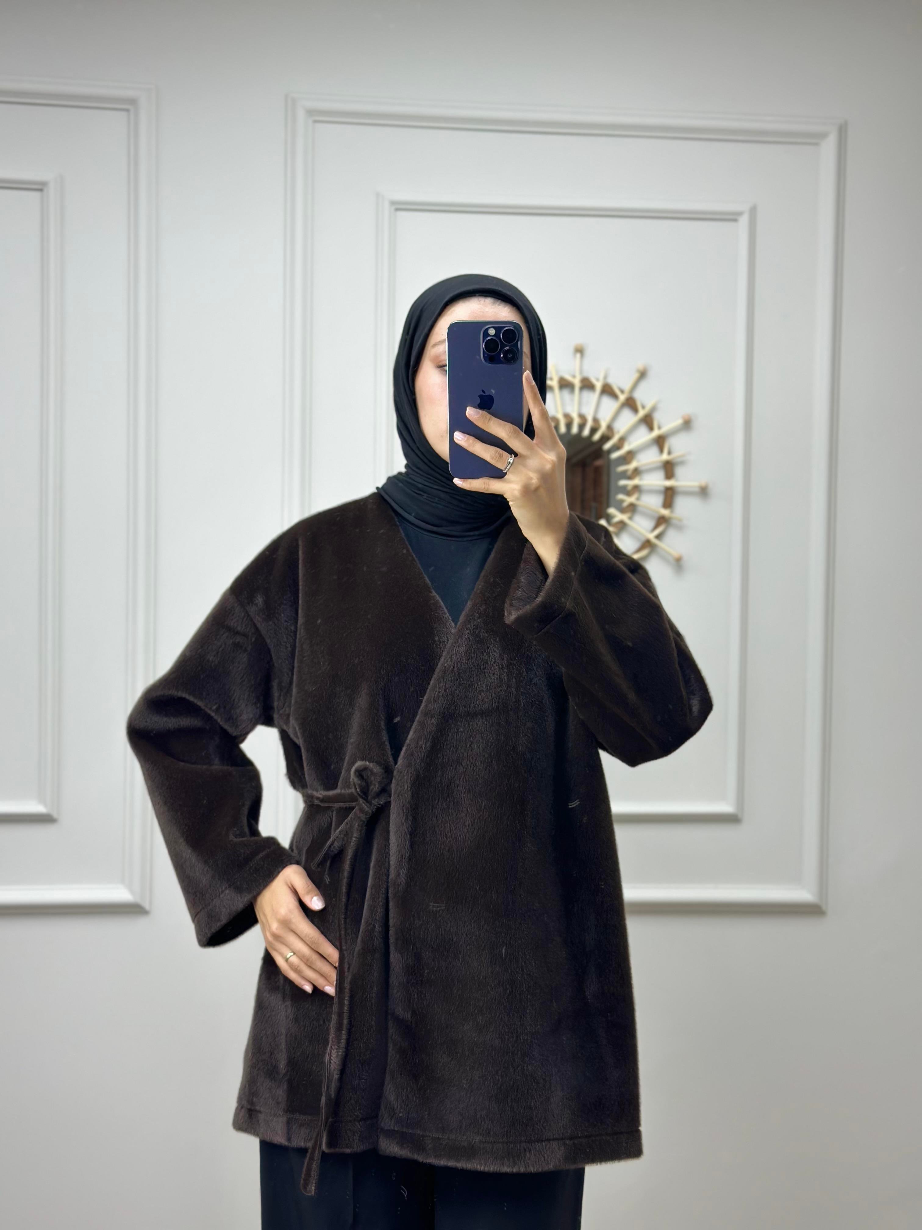 Acı Kahve Bağlamalı Peluş Kimono