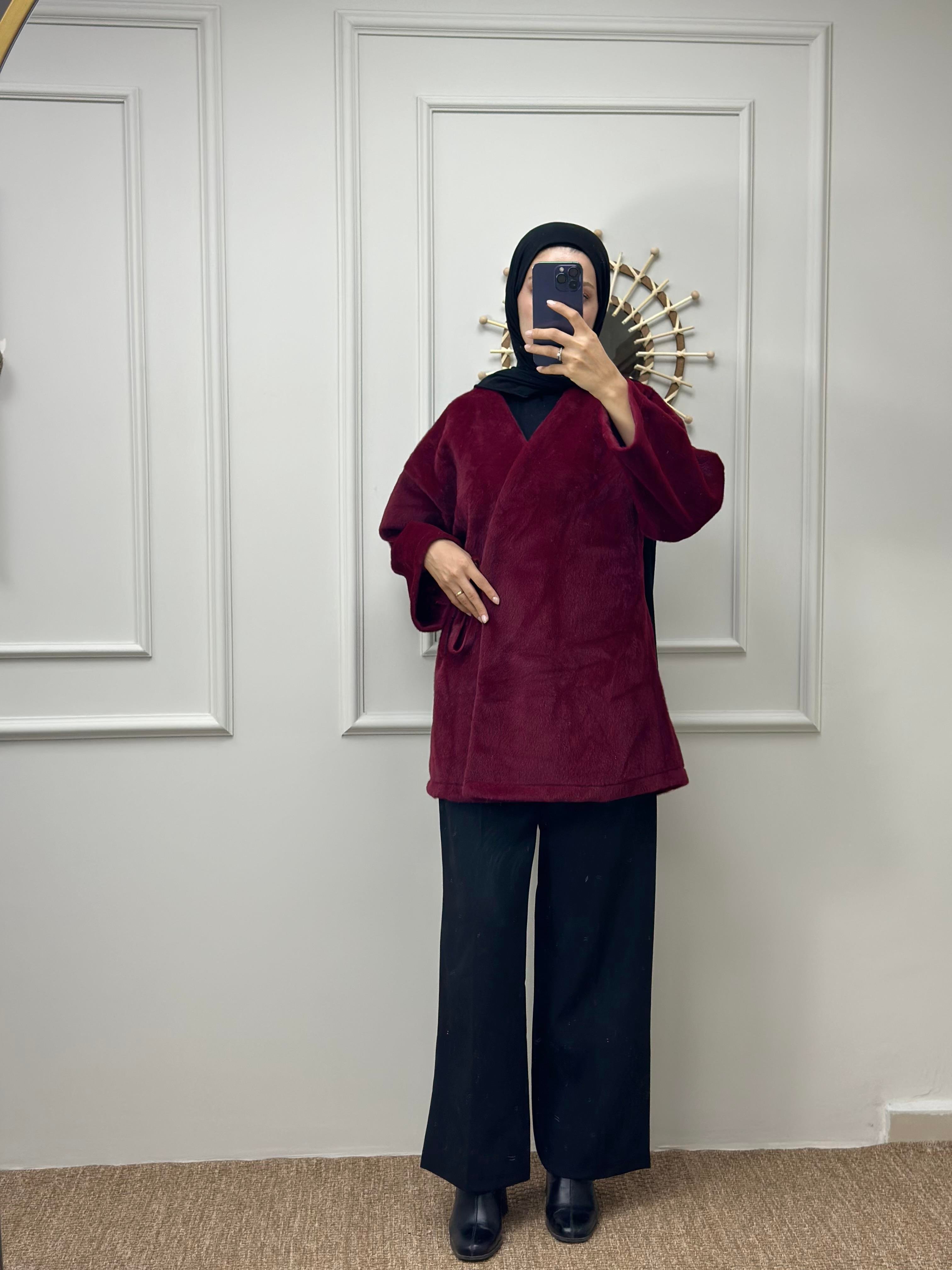 Bordo Bağlamalı Peluş Kimono