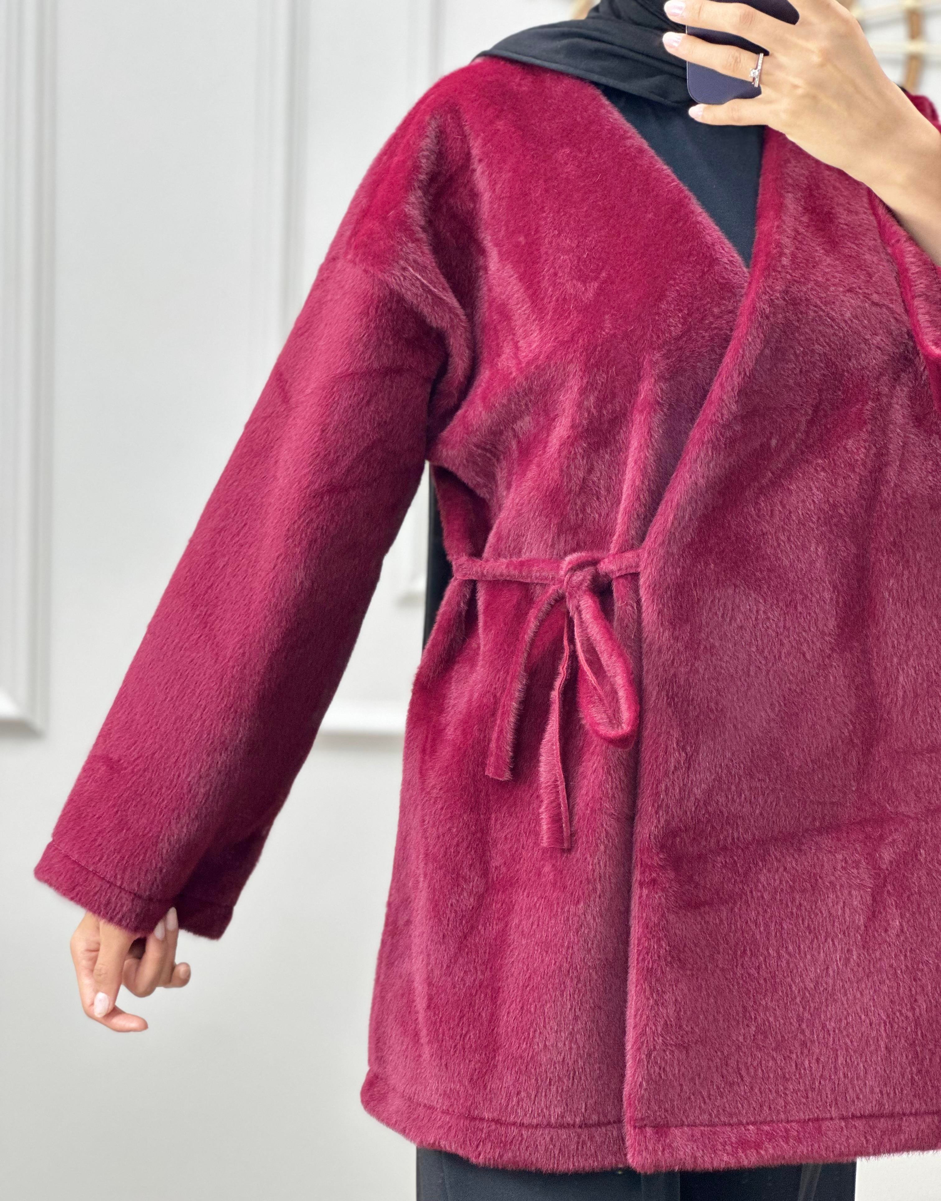 Bordo Bağlamalı Peluş Kimono