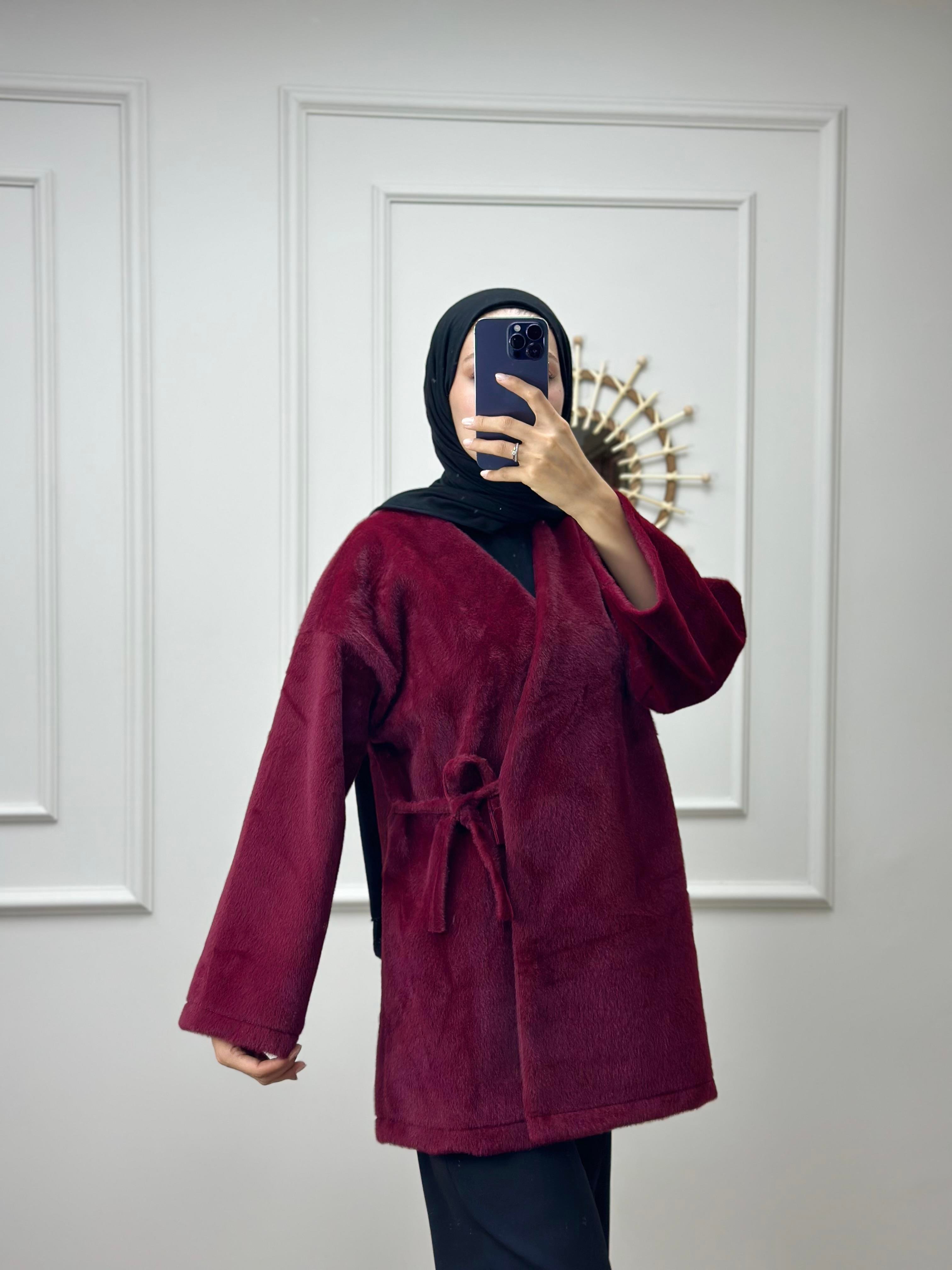 Bordo Bağlamalı Peluş Kimono