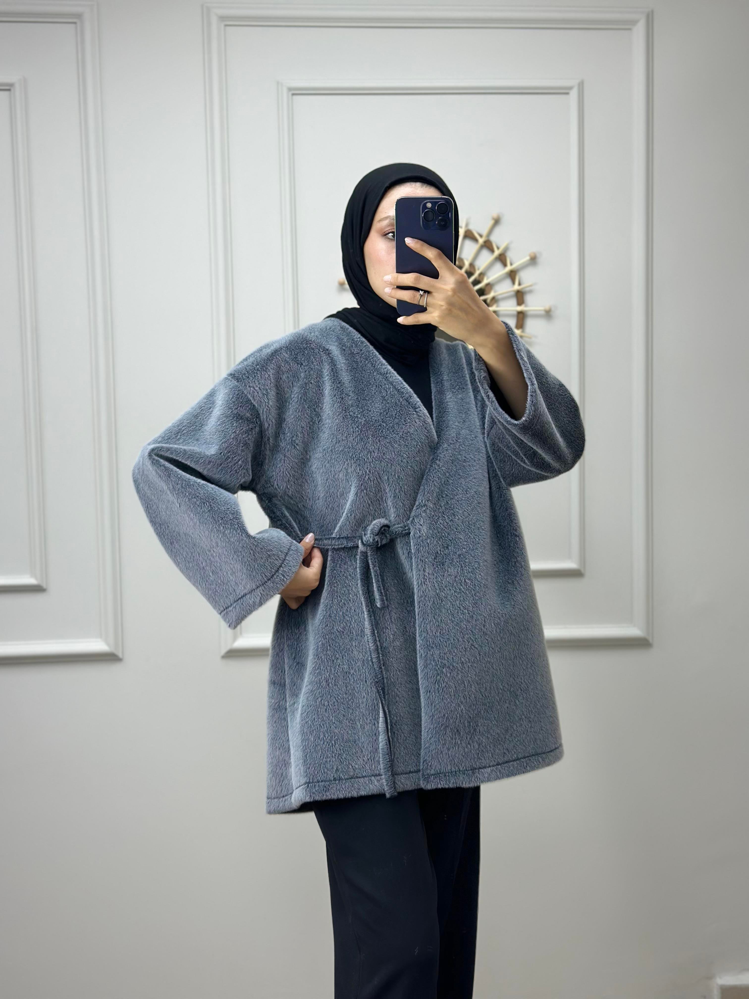 Gri Bağlamalı Peluş Kimono