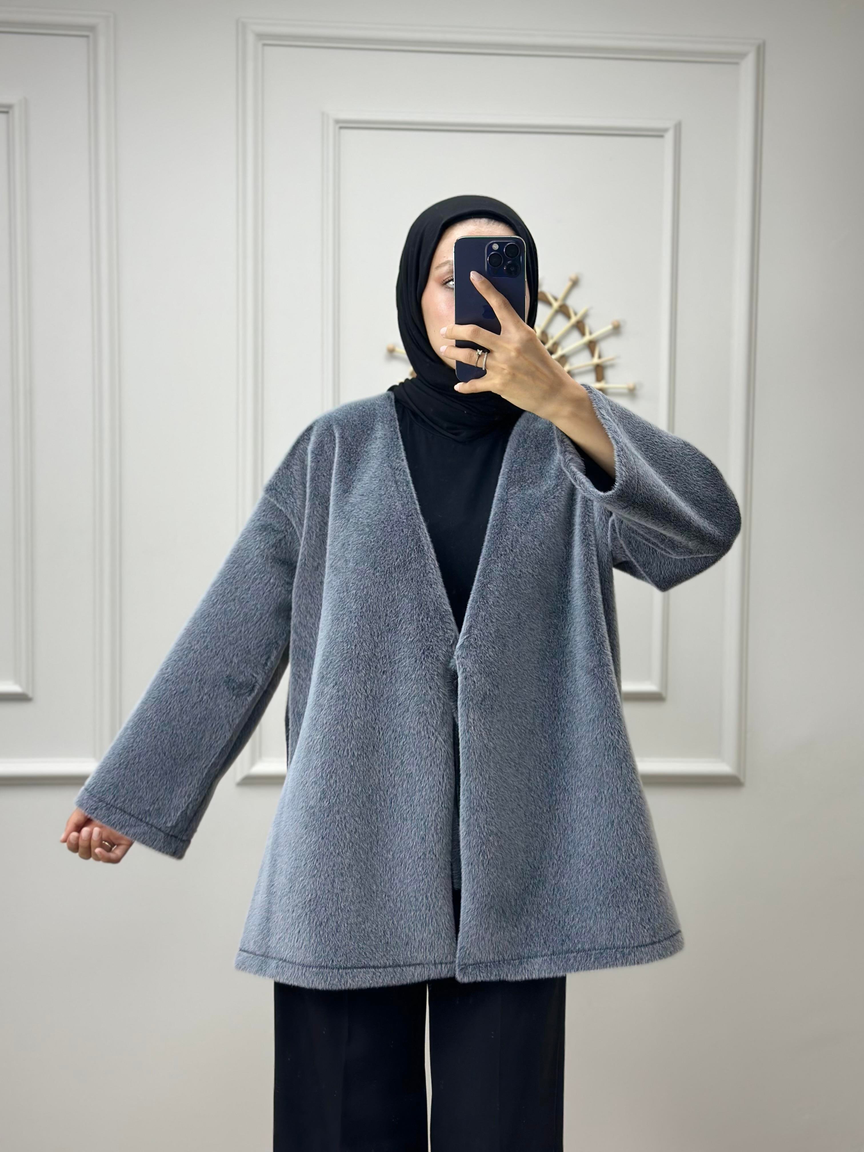 Gri Bağlamalı Peluş Kimono