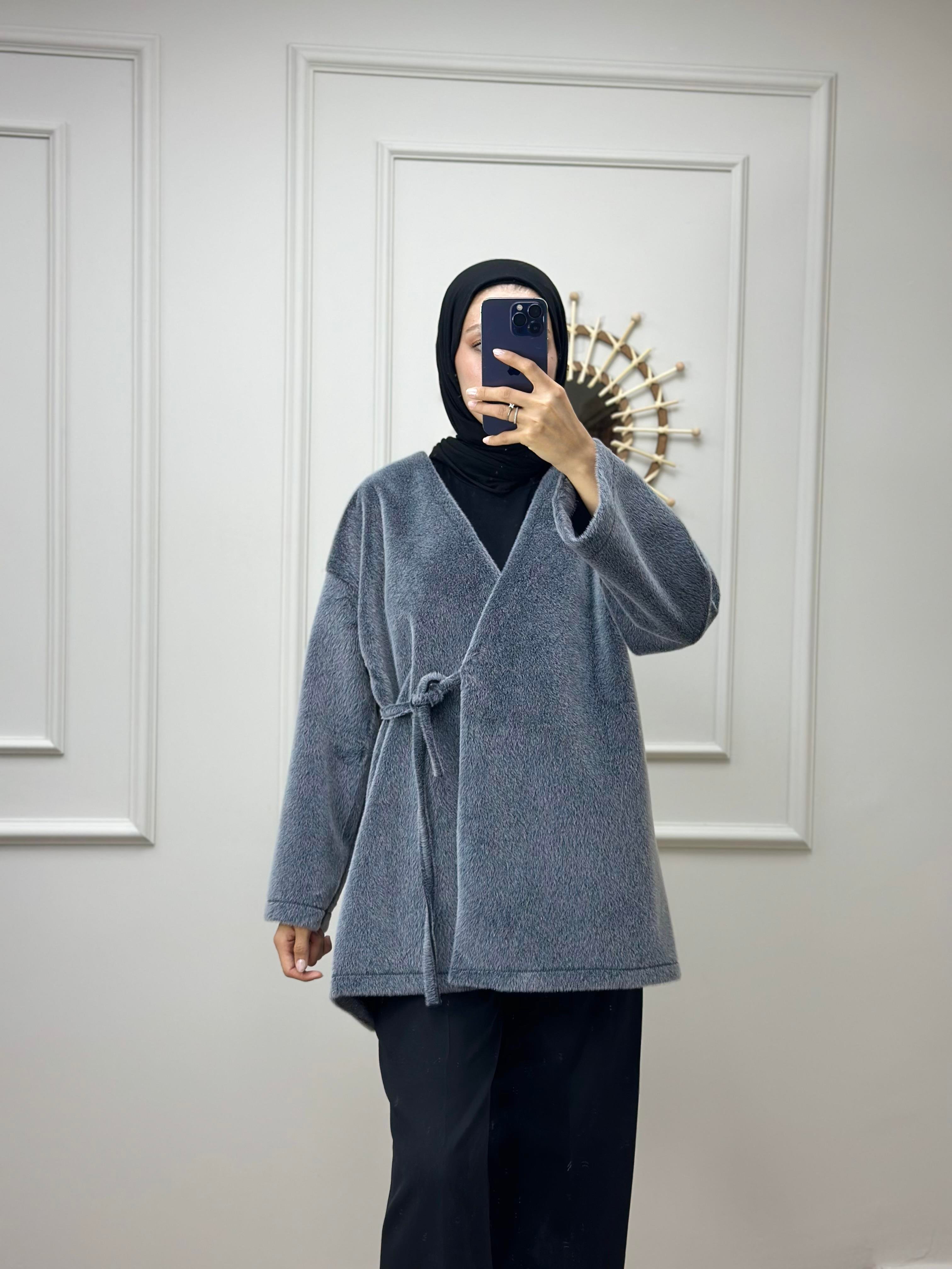 Gri Bağlamalı Peluş Kimono