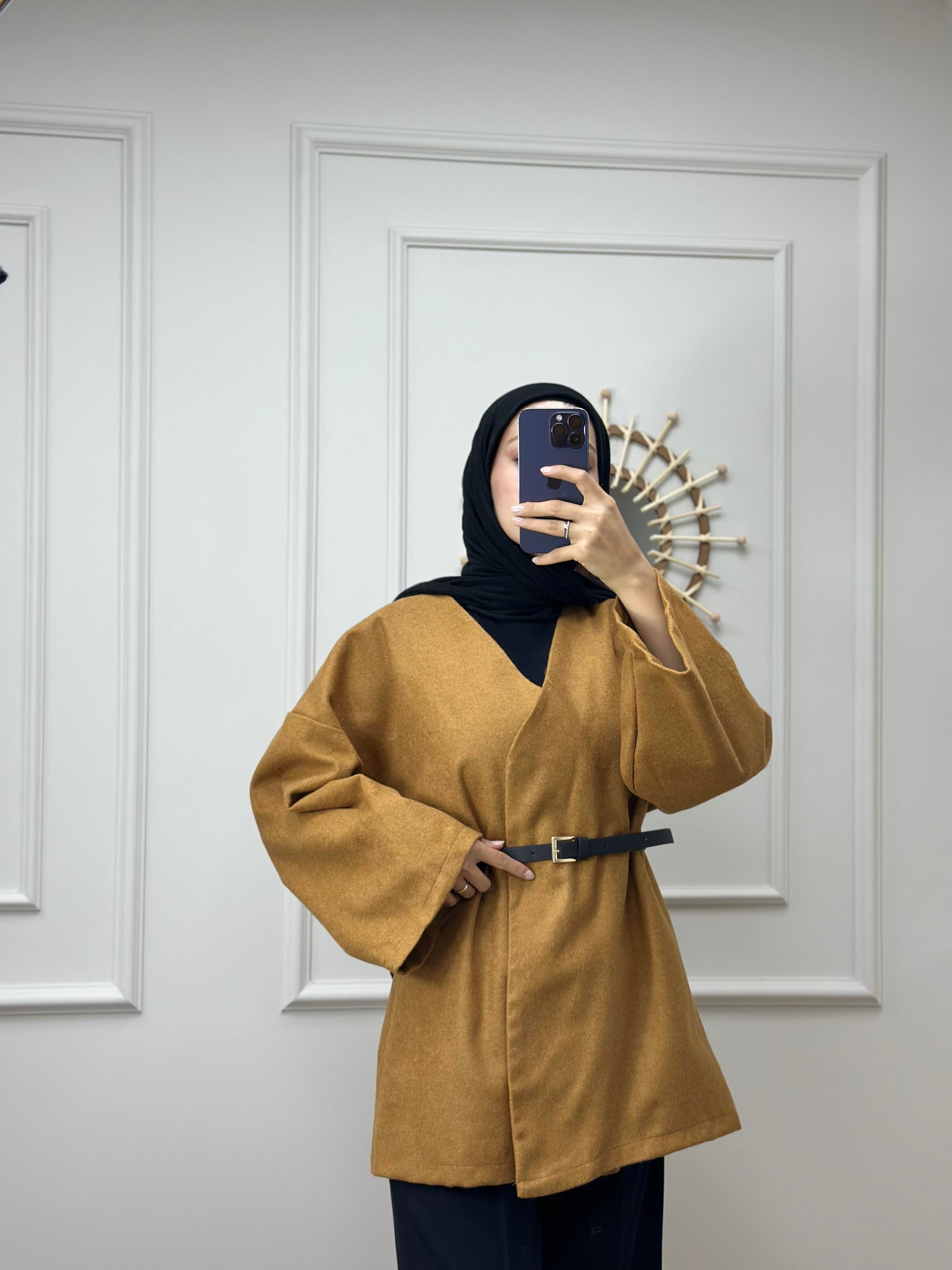 Hardal Bel Kemerli Kaşe Kimono