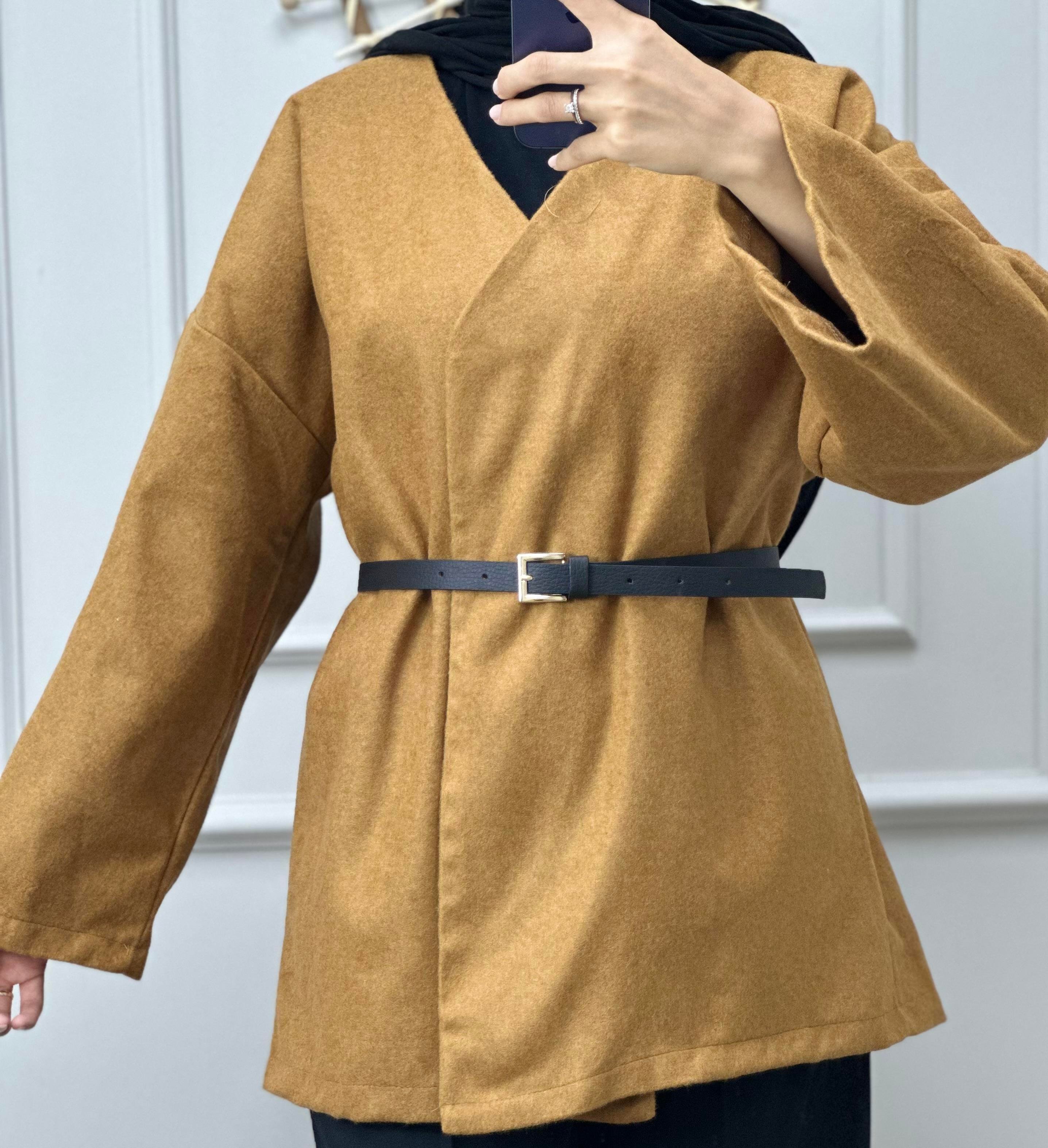 Hardal Bel Kemerli Kaşe Kimono