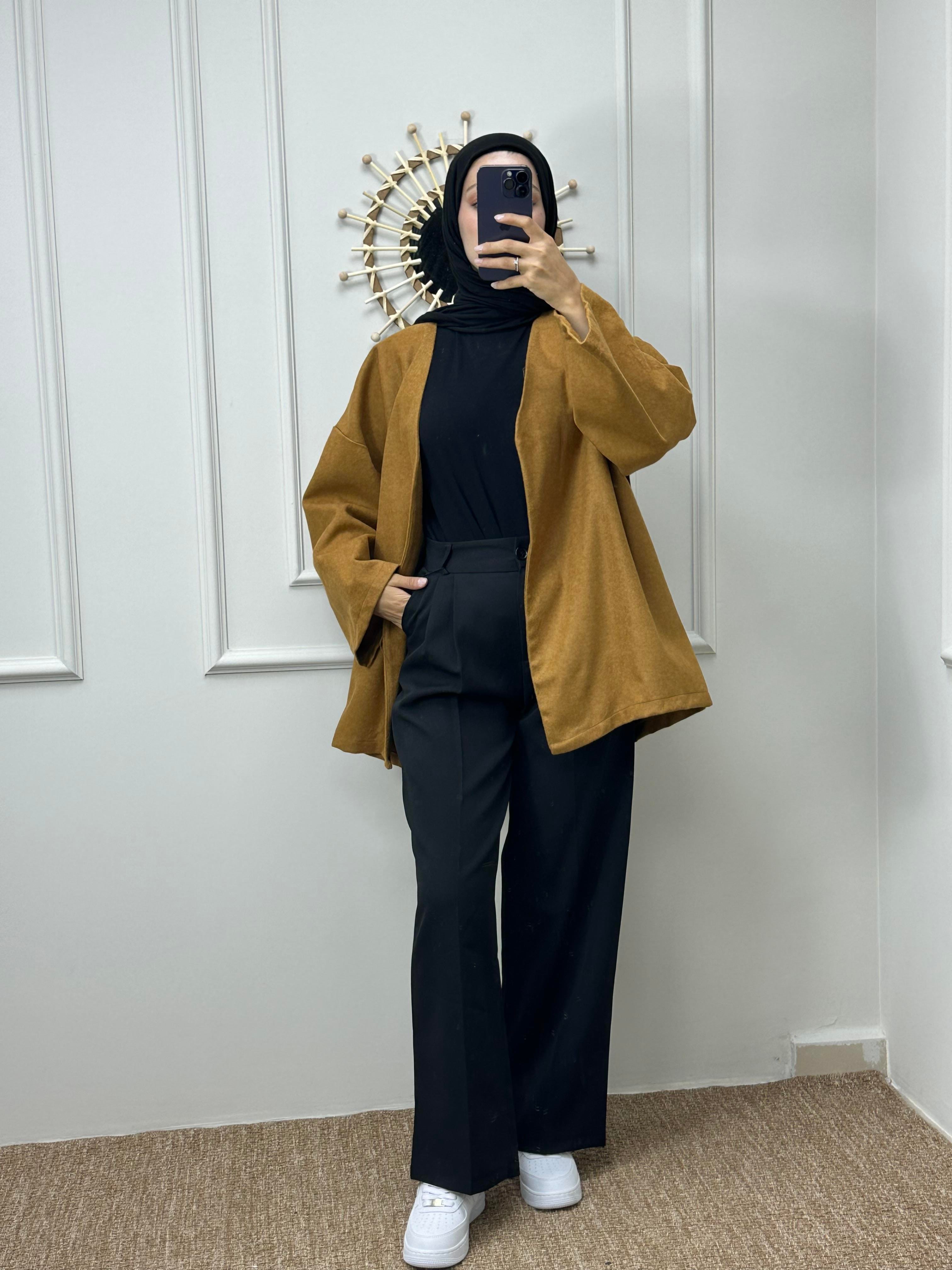 Hardal Bel Kemerli Kaşe Kimono
