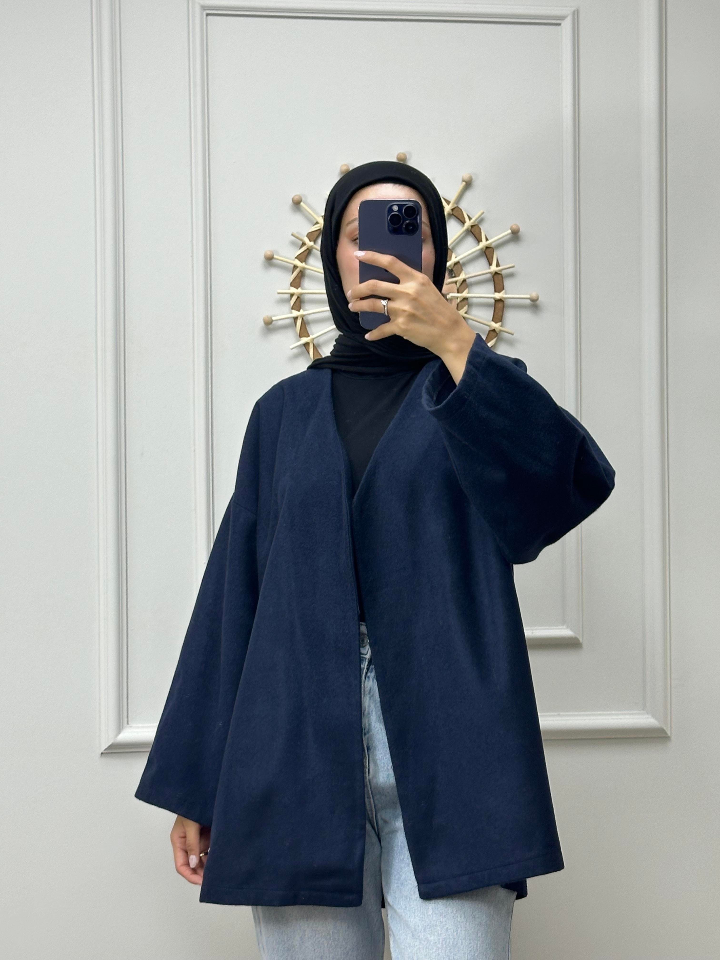 Lacivert Bel Kemerli Kaşe Kimono