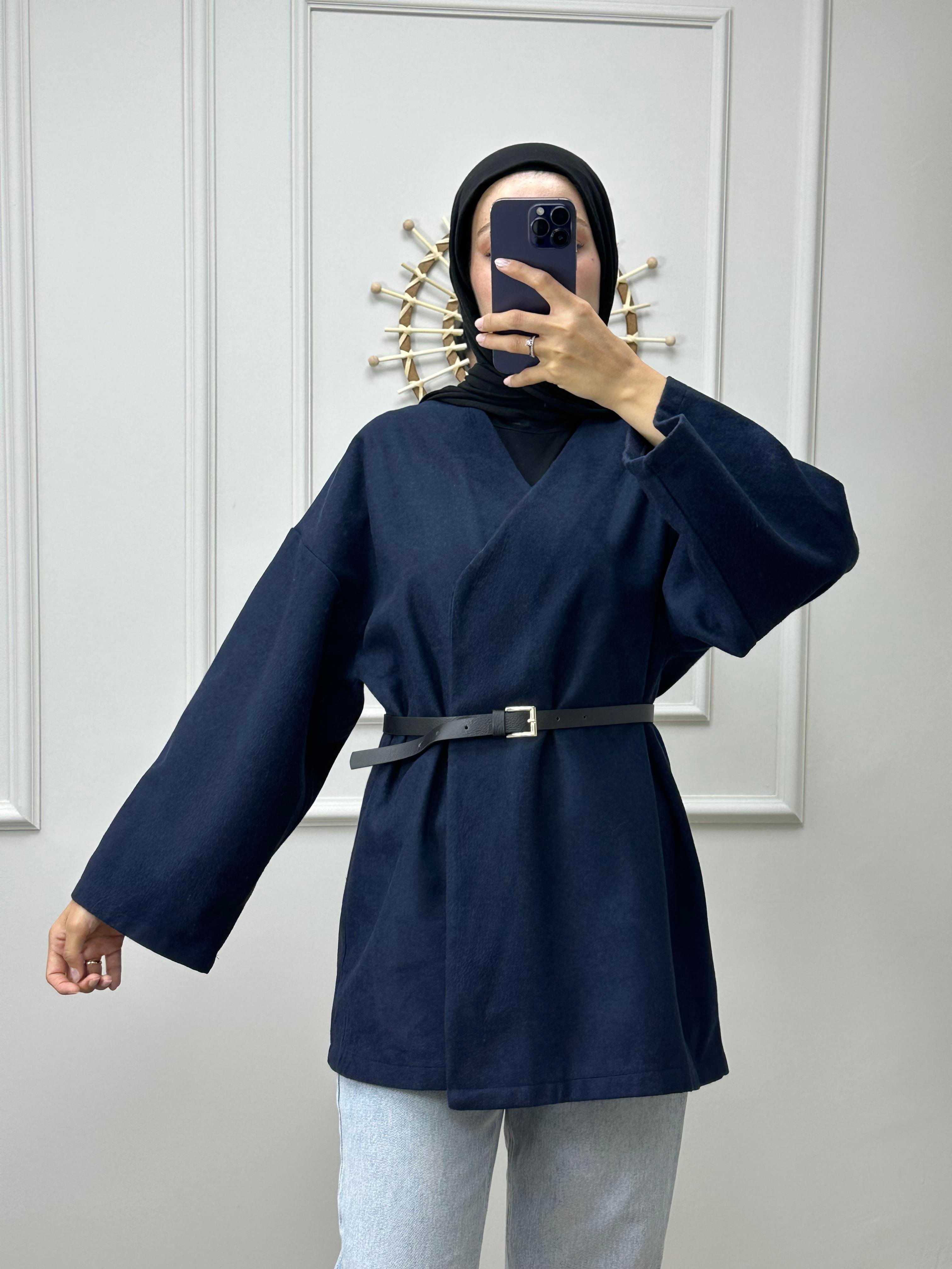 Lacivert Bel Kemerli Kaşe Kimono