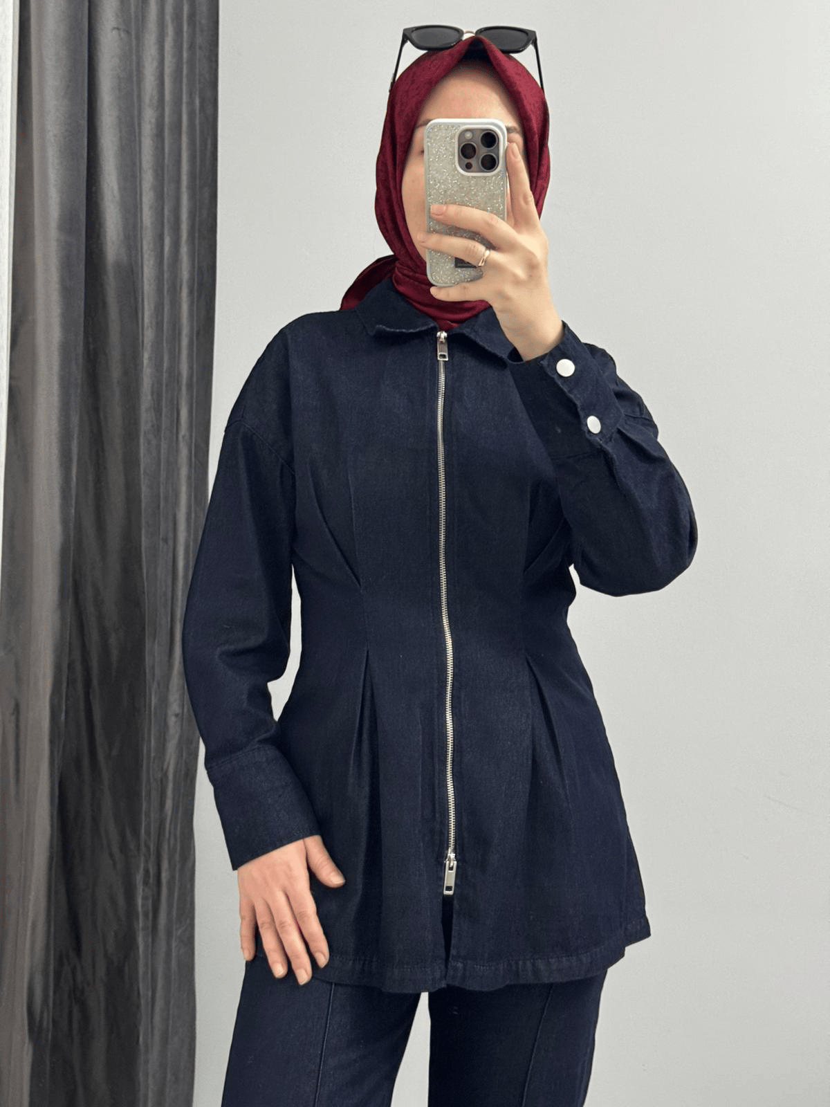 Belden Oturtmalı Fermuarlı Denim Takım