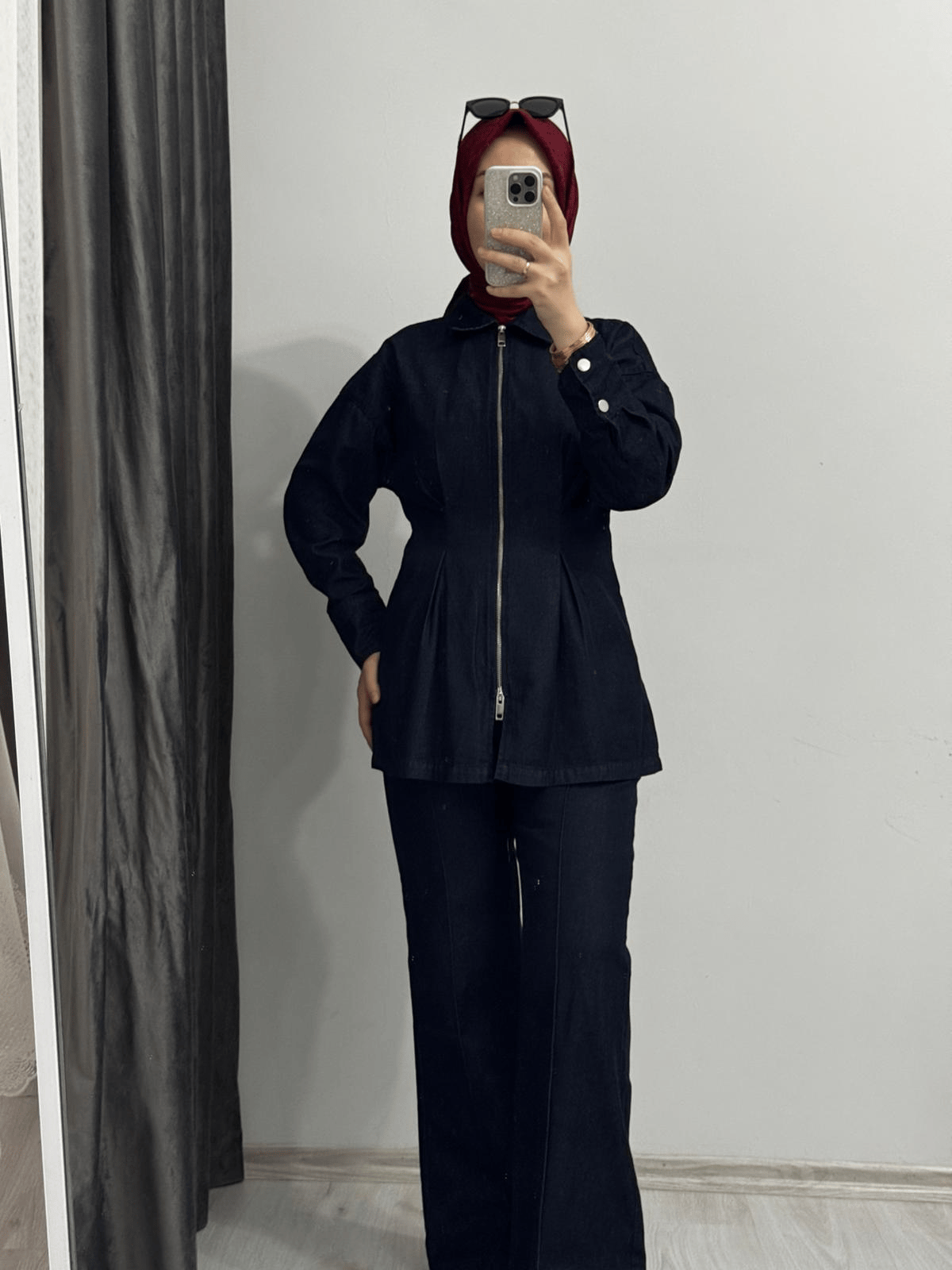 Belden Oturtmalı Fermuarlı Denim Takım