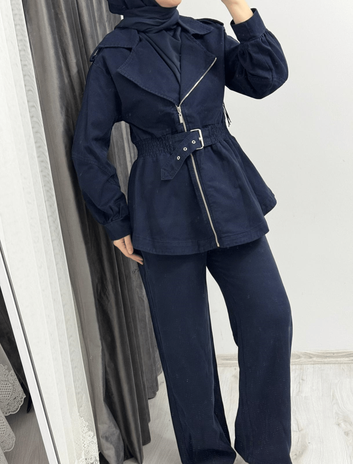 Fermuarlı Kruvaze Yaka Denim Ceket