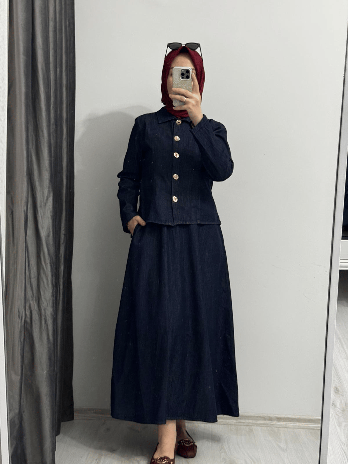 Gold Düğmeli Etekli Denim Takım