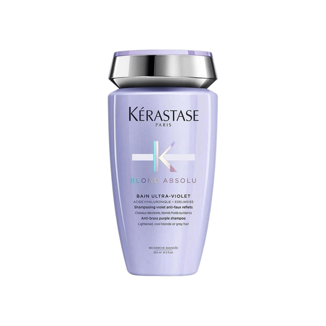 Kerastase Blond Absolu Bu-Violet 250ml şişesi, mor ötesi nötralizasyon ile sarı ve turuncu yansımaları engelleyen, hyaluronik asit ve Edelweiss özlü saç bakım şampuanı